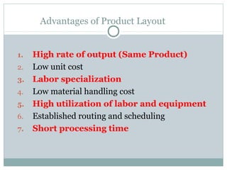 Advantages of Product Layout
1. High rate of output (Same Product)
2. Low unit cost
3. Labor specialization
4. Low material handling cost
5. High utilization of labor and equipment
6. Established routing and scheduling
7. Short processing time
 