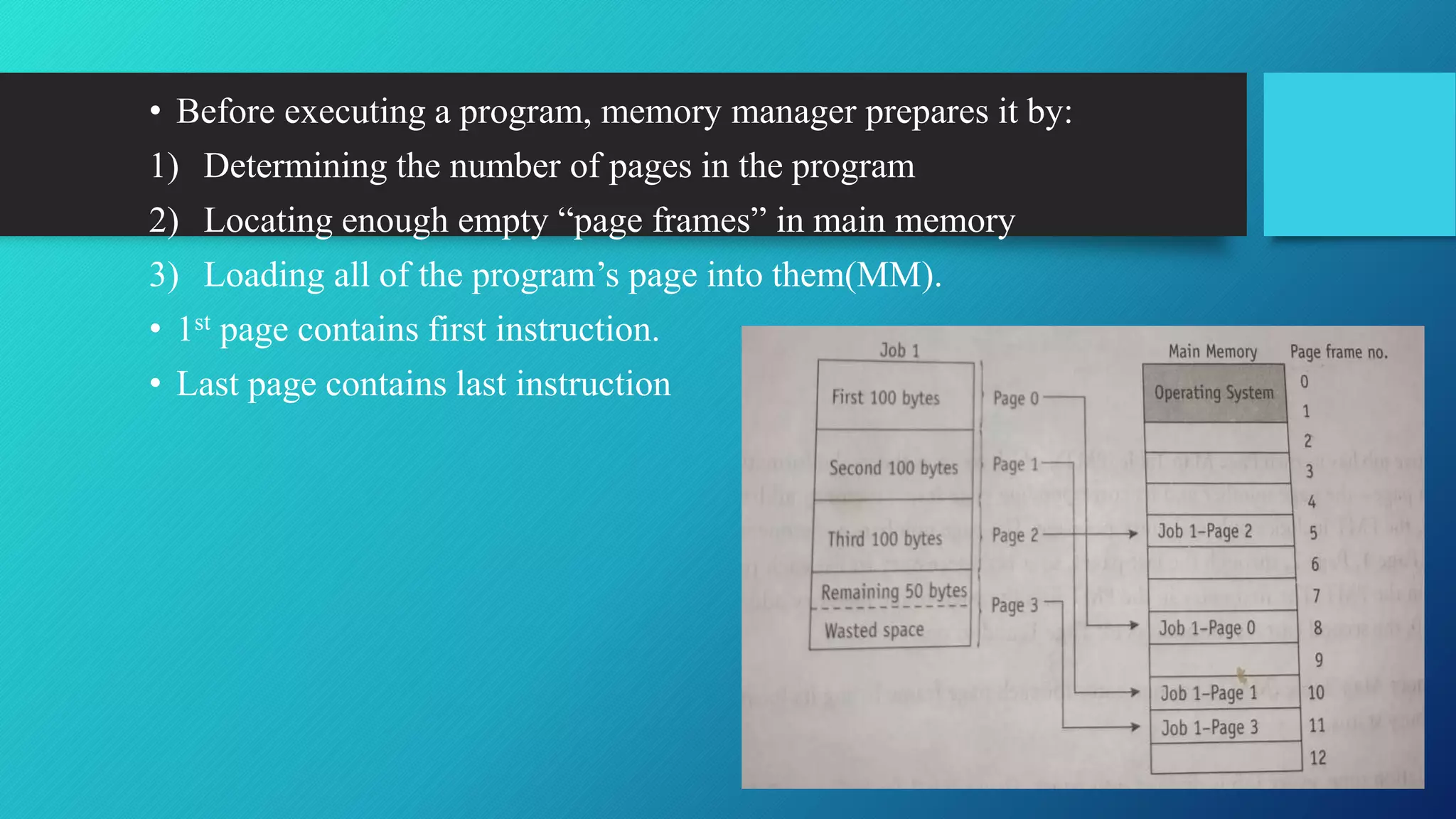 • Before executing a program, memory manager prepares it by:
1) Determining the number of pages in the program
2) Locating enough empty “page frames” in main memory
3) Loading all of the program’s page into them(MM).
• 1st page contains first instruction.
• Last page contains last instruction
 