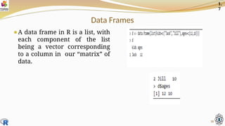 Data Frames
⚫A data frame in R is a list, with
each component of the list
being a vector corresponding
to a column in our “matrix” of
data.
30
1.
7
 