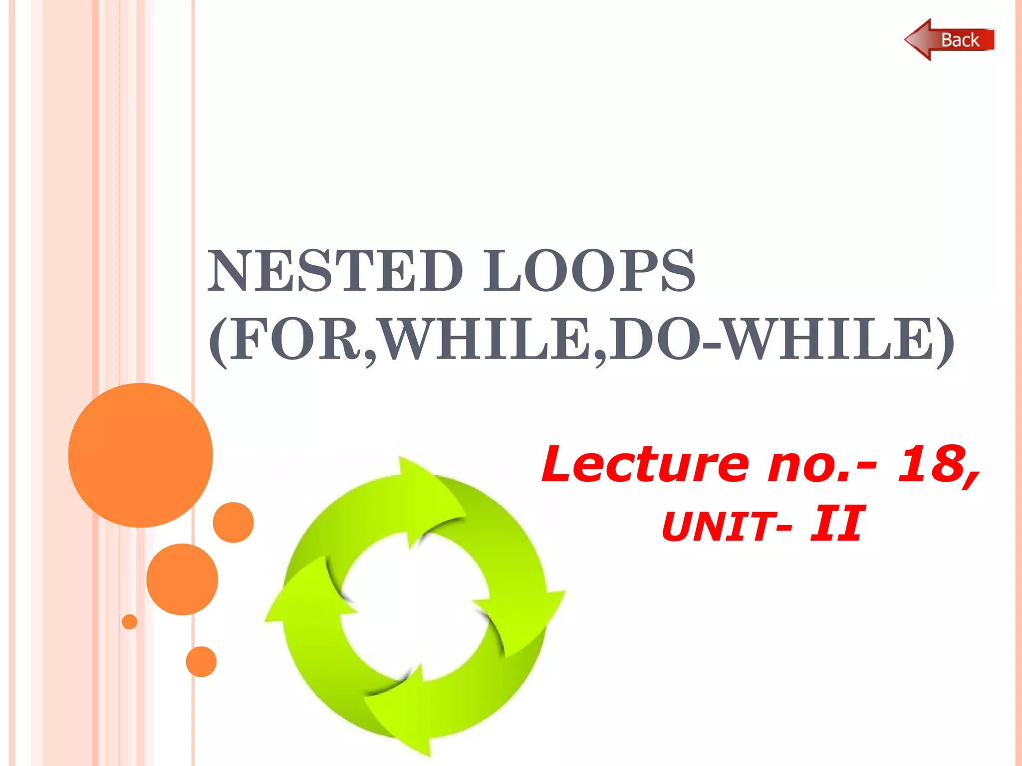 NESTED LOOPS
(FOR,WHILE,DO-WHILE)
Lecture no.- 18,
UNIT- II
 