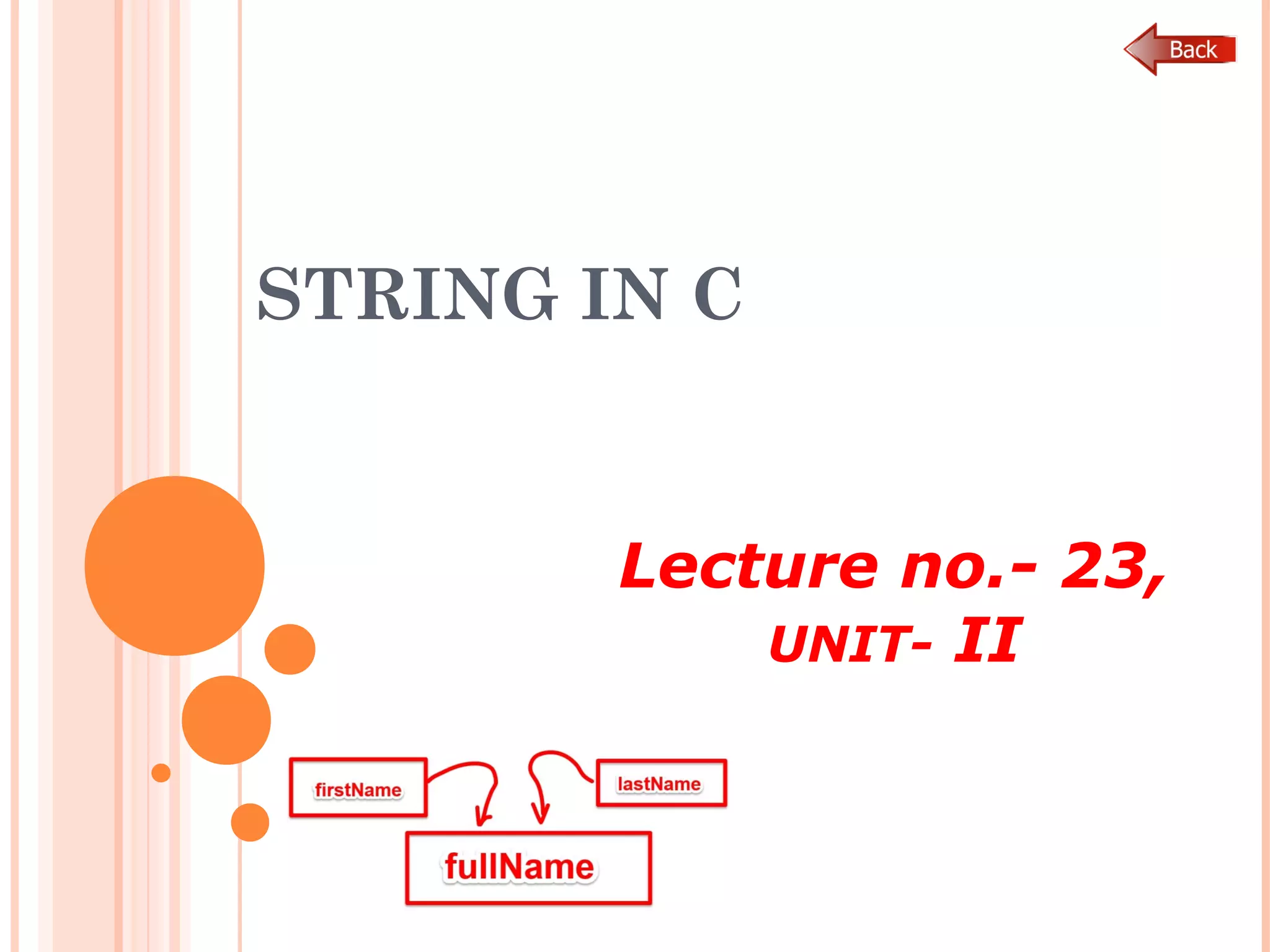 STRING IN C
Lecture no.- 23,
UNIT- II
 