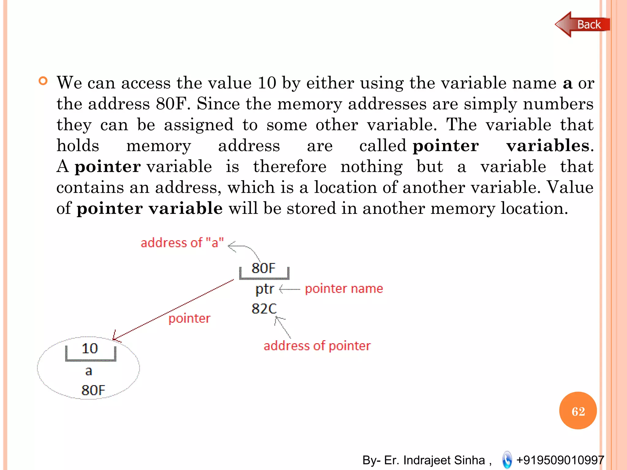 By- Er. Indrajeet Sinha , +919509010997
 We can access the value 10 by either using the variable name a or
the address 80F. Since the memory addresses are simply numbers
they can be assigned to some other variable. The variable that
holds memory address are called pointer variables.
A pointer variable is therefore nothing but a variable that
contains an address, which is a location of another variable. Value
of pointer variable will be stored in another memory location.
62
 