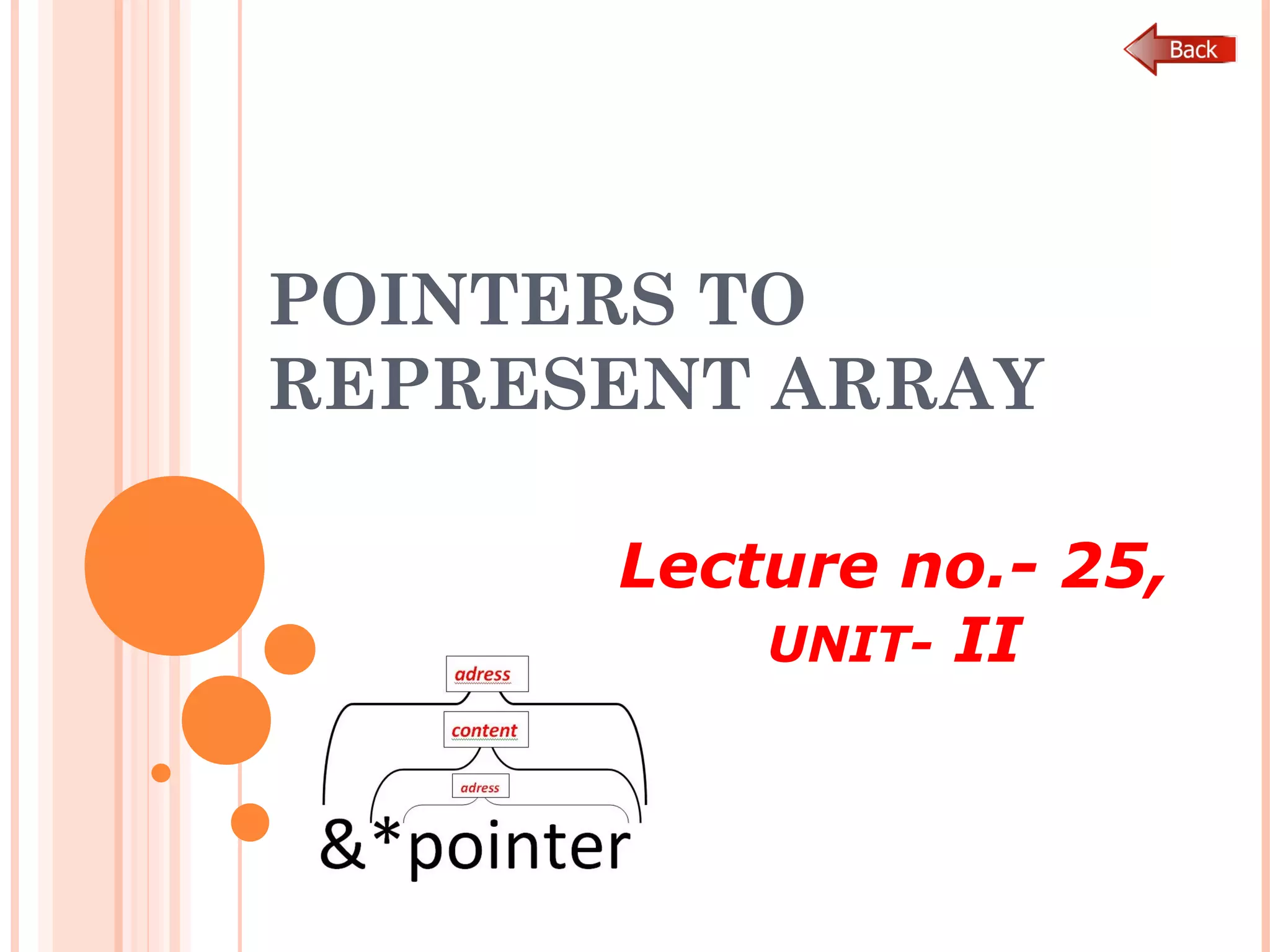POINTERS TO
REPRESENT ARRAY
Lecture no.- 25,
UNIT- II
 