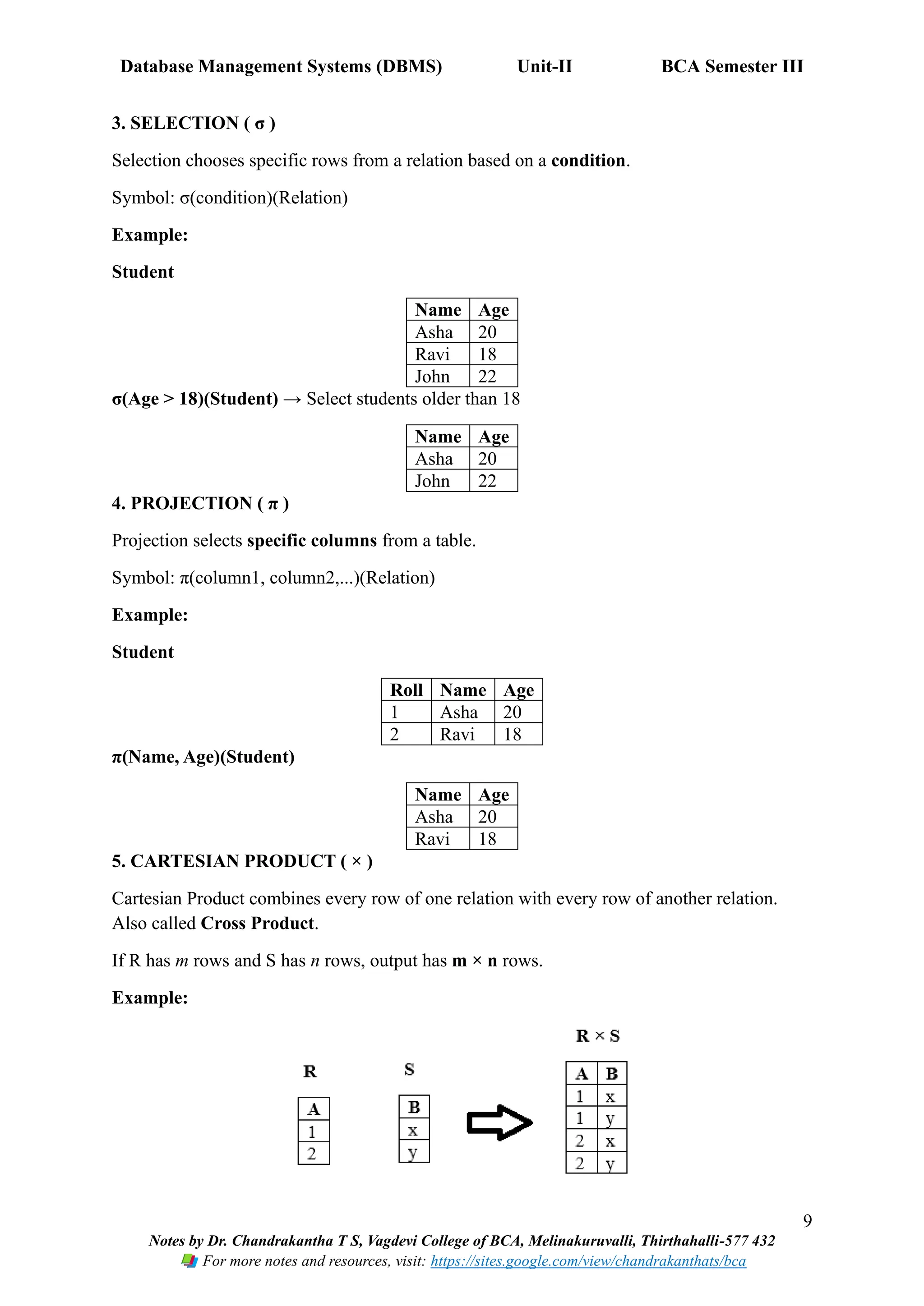 Database Management Systems (DBMS) Unit-II BCA Semester III
9
Notes by Dr. Chandrakantha T S, Vagdevi College of BCA, Melinakuruvalli, Thirthahalli-577 432
For more notes and resources, visit: https://sites.google.com/view/chandrakanthats/bca
3. SELECTION ( σ )
Selection chooses specific rows from a relation based on a condition.
Symbol: σ(condition)(Relation)
Example:
Student
Name Age
Asha 20
Ravi 18
John 22
σ(Age > 18)(Student) → Select students older than 18
Name Age
Asha 20
John 22
4. PROJECTION ( π )
Projection selects specific columns from a table.
Symbol: π(column1, column2,...)(Relation)
Example:
Student
Roll Name Age
1 Asha 20
2 Ravi 18
π(Name, Age)(Student)
Name Age
Asha 20
Ravi 18
5. CARTESIAN PRODUCT ( × )
Cartesian Product combines every row of one relation with every row of another relation.
Also called Cross Product.
If R has m rows and S has n rows, output has m × n rows.
Example:
 