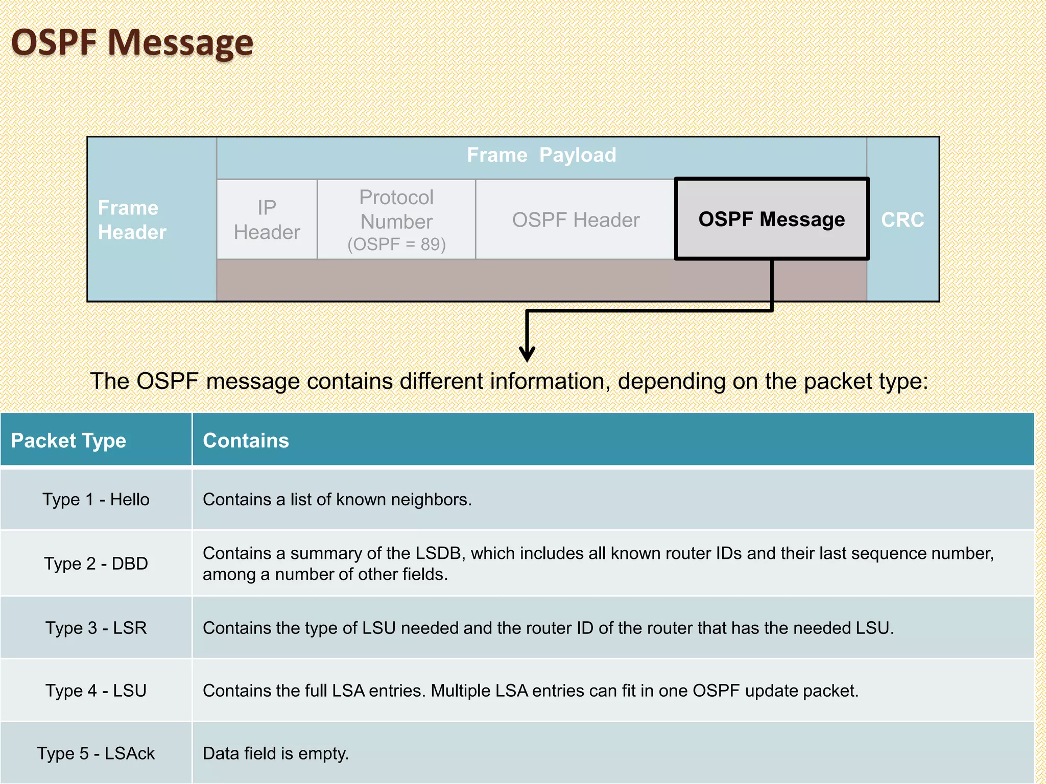 OSPF Message
Frame
Header
Frame Payload
CRC
IP
Header
Protocol
Number
(OSPF = 89)
OSPF Header OSPF MessageOSPF Message
The OSPF message contains different information, depending on the packet type:
Packet Type Contains
Type 1 - Hello Contains a list of known neighbors.
Type 2 - DBD
Contains a summary of the LSDB, which includes all known router IDs and their last sequence number,
among a number of other fields.
Type 3 - LSR Contains the type of LSU needed and the router ID of the router that has the needed LSU.
Type 4 - LSU Contains the full LSA entries. Multiple LSA entries can fit in one OSPF update packet.
Type 5 - LSAck Data field is empty.
 
