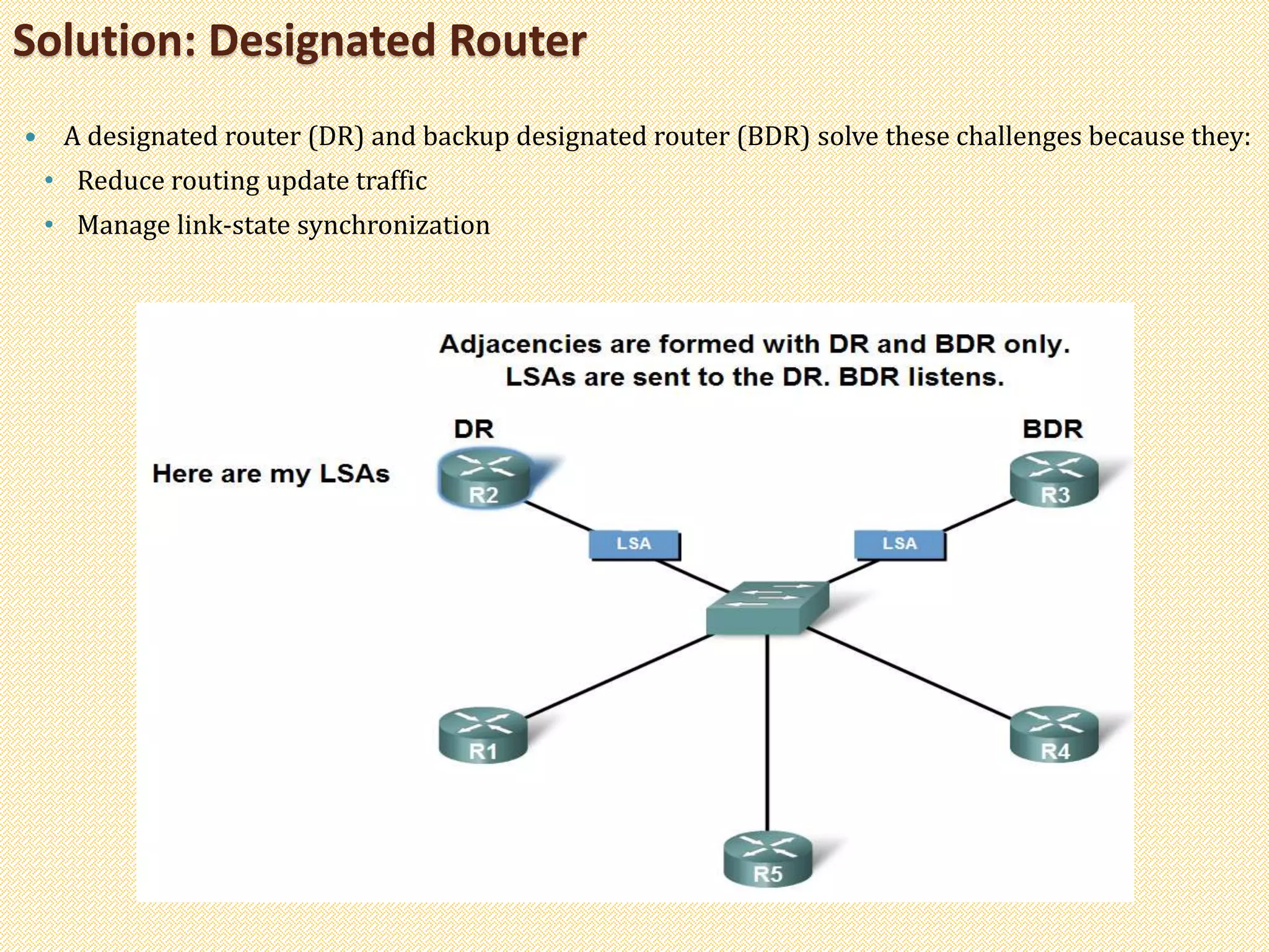 Solution: Designated Router
 A designated router (DR) and backup designated router (BDR) solve these challenges because they:
• Reduce routing update traffic
• Manage link-state synchronization
 