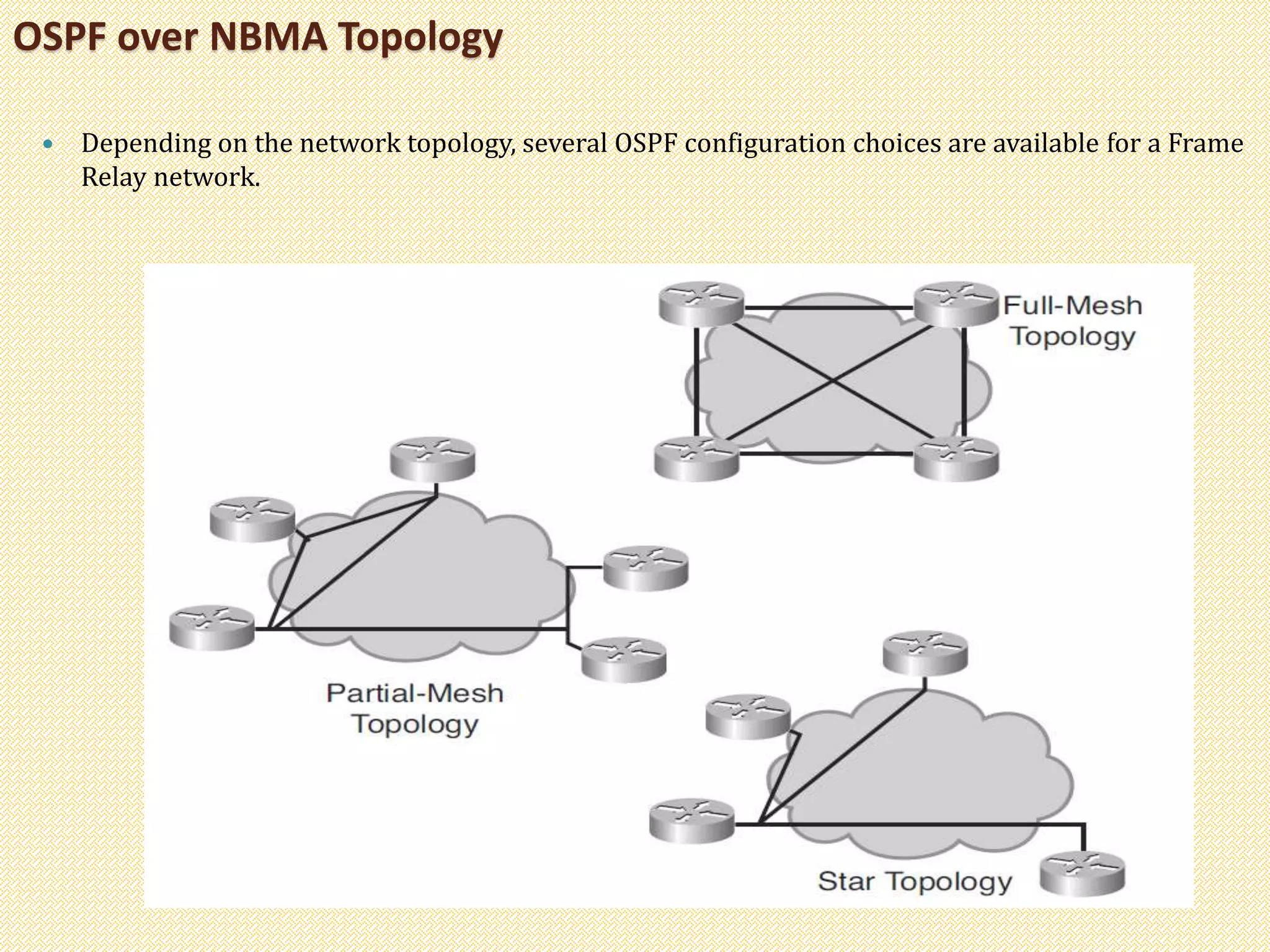 OSPF over NBMA Topology
 Depending on the network topology, several OSPF configuration choices are available for a Frame
Relay network.
 
