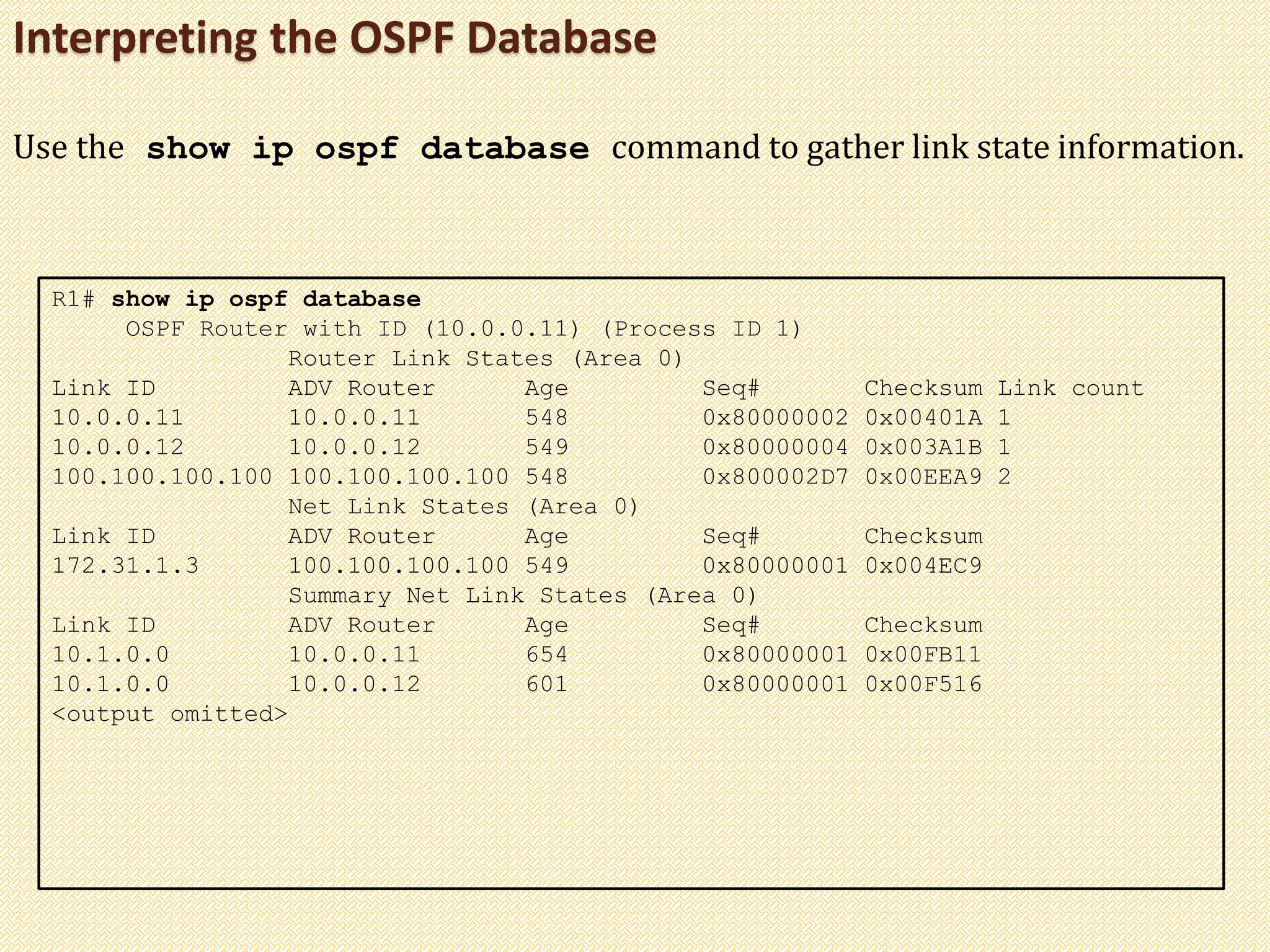 Interpreting the OSPF Database
R1# show ip ospf database
OSPF Router with ID (10.0.0.11) (Process ID 1)
Router Link States (Area 0)
Link ID ADV Router Age Seq# Checksum Link count
10.0.0.11 10.0.0.11 548 0x80000002 0x00401A 1
10.0.0.12 10.0.0.12 549 0x80000004 0x003A1B 1
100.100.100.100 100.100.100.100 548 0x800002D7 0x00EEA9 2
Net Link States (Area 0)
Link ID ADV Router Age Seq# Checksum
172.31.1.3 100.100.100.100 549 0x80000001 0x004EC9
Summary Net Link States (Area 0)
Link ID ADV Router Age Seq# Checksum
10.1.0.0 10.0.0.11 654 0x80000001 0x00FB11
10.1.0.0 10.0.0.12 601 0x80000001 0x00F516
<output omitted>
Use the show ip ospf database command to gather link state information.
 