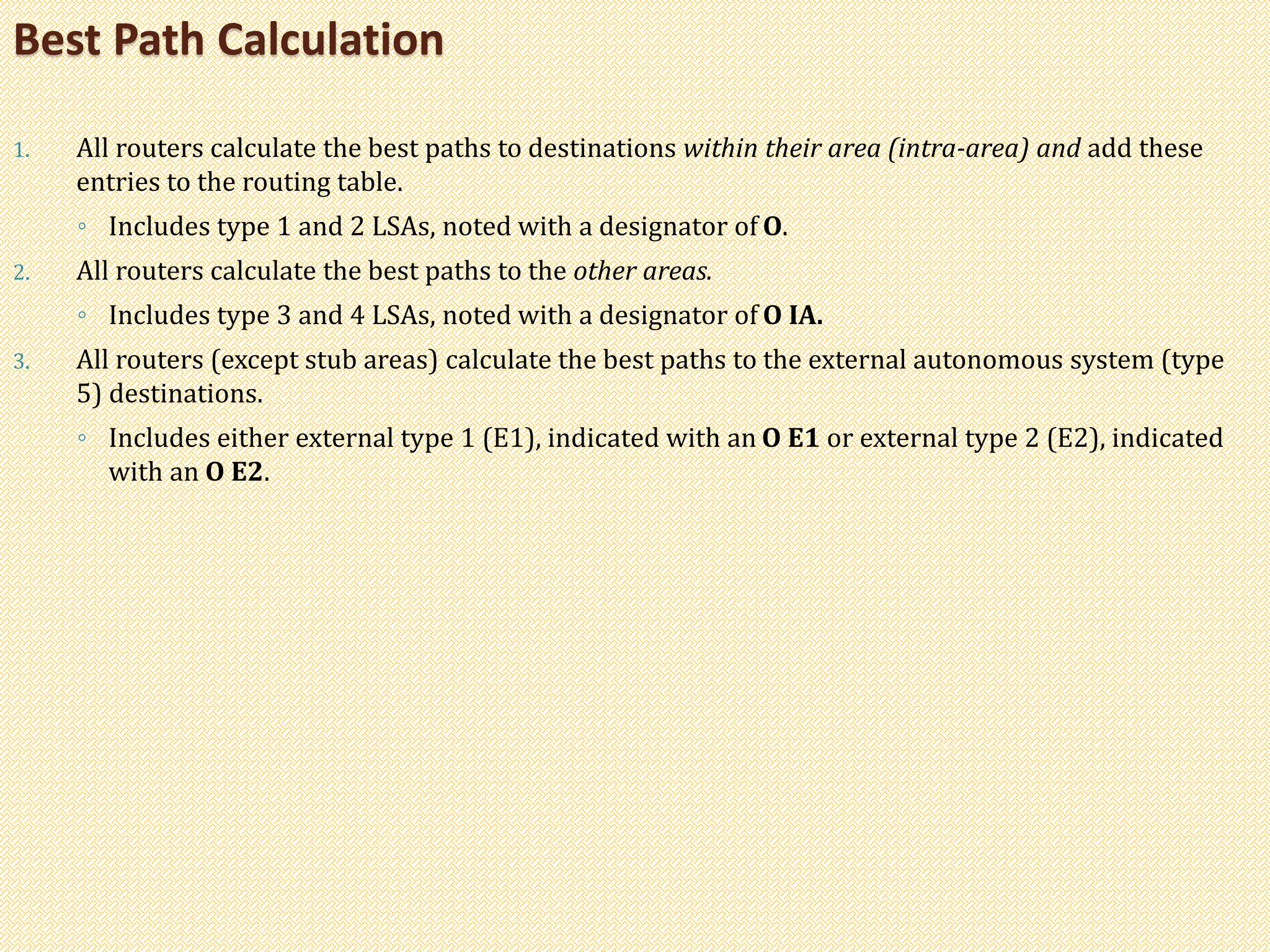 1. All routers calculate the best paths to destinations within their area (intra-area) and add these
entries to the routing table.
◦ Includes type 1 and 2 LSAs, noted with a designator of O.
2. All routers calculate the best paths to the other areas.
◦ Includes type 3 and 4 LSAs, noted with a designator of O IA.
3. All routers (except stub areas) calculate the best paths to the external autonomous system (type
5) destinations.
◦ Includes either external type 1 (E1), indicated with an O E1 or external type 2 (E2), indicated
with an O E2.
Best Path Calculation
 