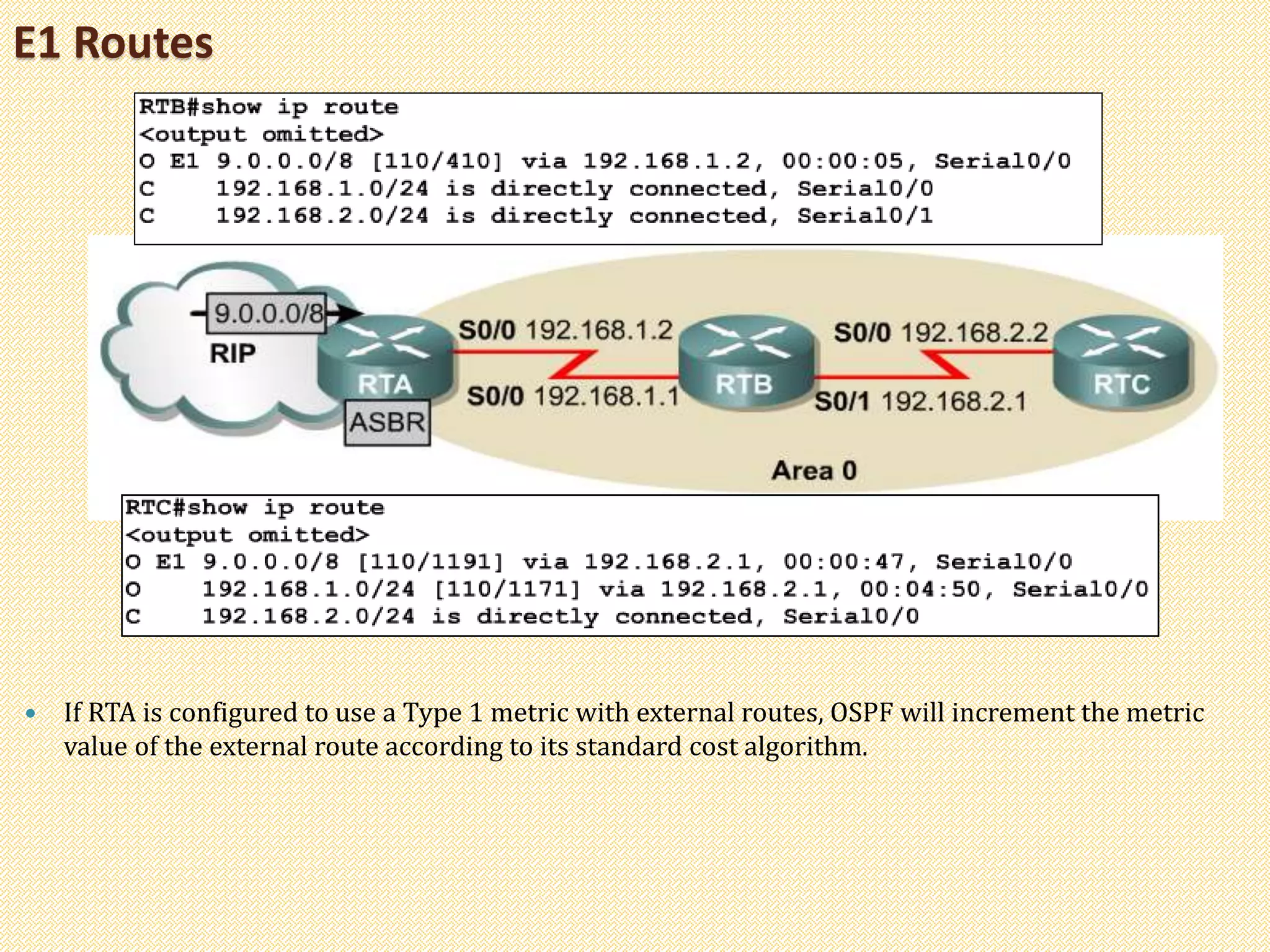 E1 Routes
 If RTA is configured to use a Type 1 metric with external routes, OSPF will increment the metric
value of the external route according to its standard cost algorithm.
 