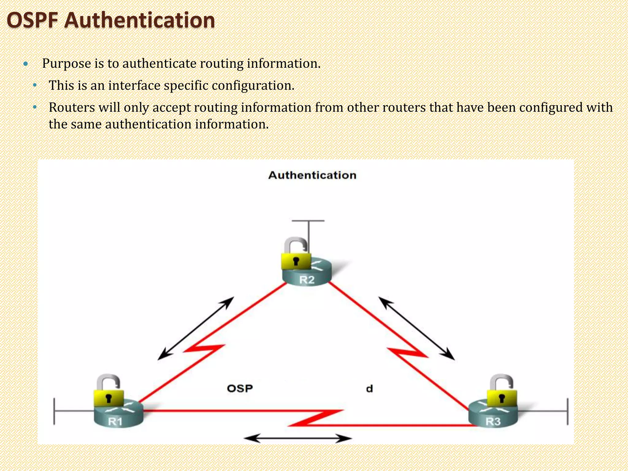 OSPF Authentication
 Purpose is to authenticate routing information.
• This is an interface specific configuration.
• Routers will only accept routing information from other routers that have been configured with
the same authentication information.
 