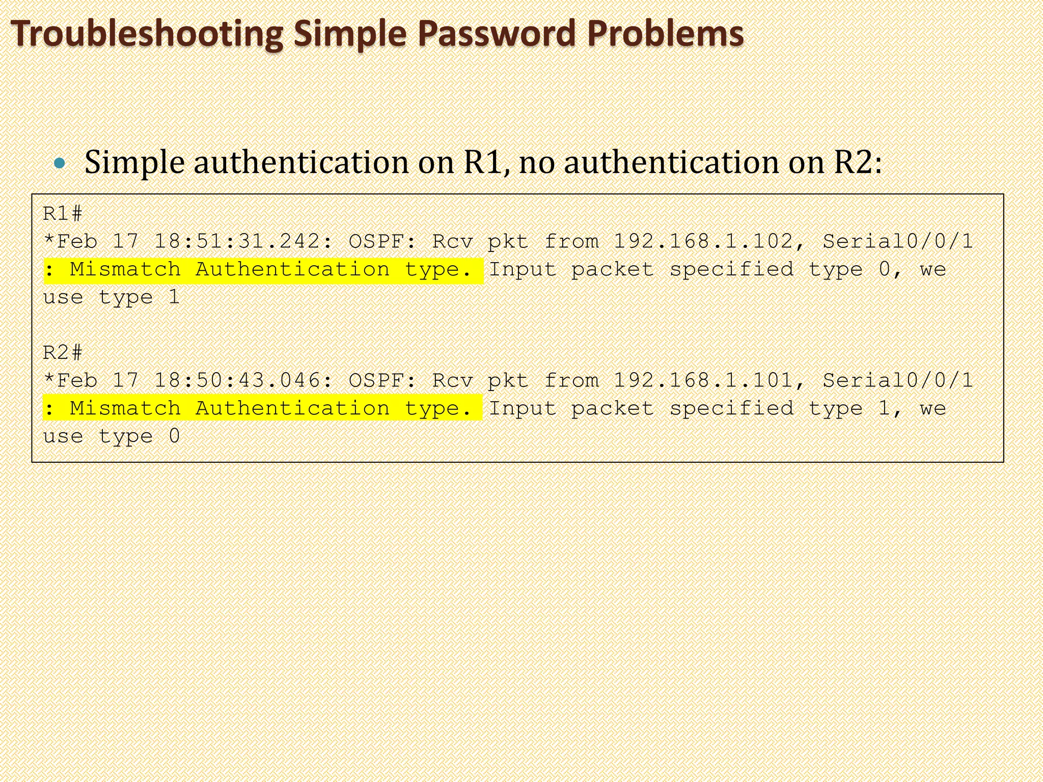 Troubleshooting Simple Password Problems
 Simple authentication on R1, no authentication on R2:
R1#
*Feb 17 18:51:31.242: OSPF: Rcv pkt from 192.168.1.102, Serial0/0/1
: Mismatch Authentication type. Input packet specified type 0, we
use type 1
R2#
*Feb 17 18:50:43.046: OSPF: Rcv pkt from 192.168.1.101, Serial0/0/1
: Mismatch Authentication type. Input packet specified type 1, we
use type 0
 