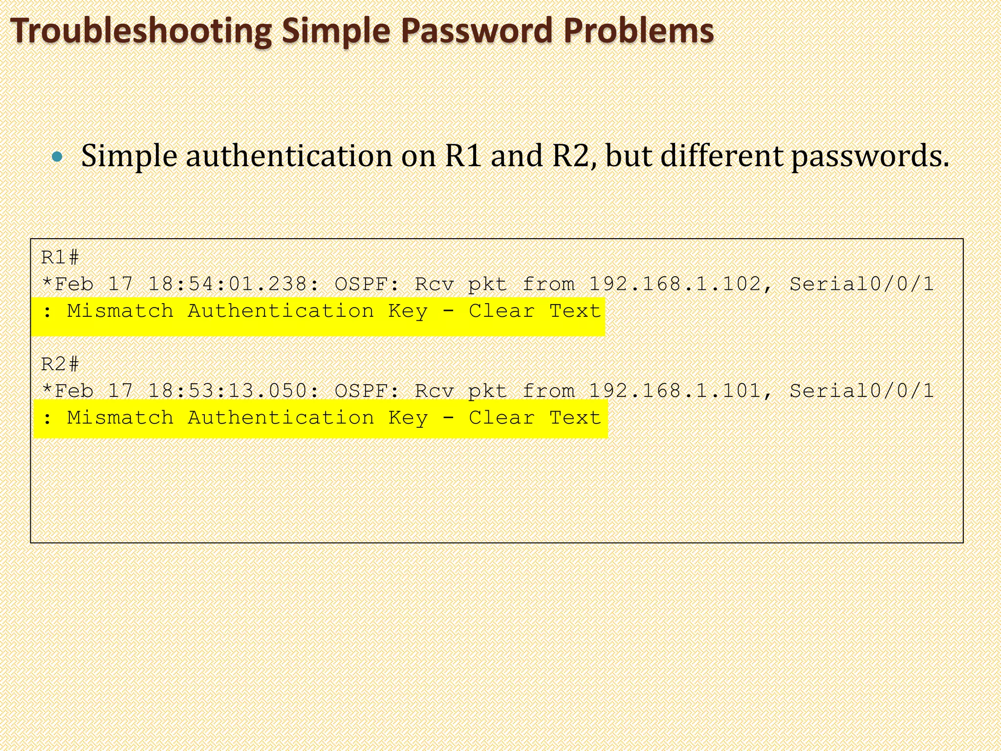 Troubleshooting Simple Password Problems
 Simple authentication on R1 and R2, but different passwords.
R1#
*Feb 17 18:54:01.238: OSPF: Rcv pkt from 192.168.1.102, Serial0/0/1
: Mismatch Authentication Key - Clear Text
R2#
*Feb 17 18:53:13.050: OSPF: Rcv pkt from 192.168.1.101, Serial0/0/1
: Mismatch Authentication Key - Clear Text
 