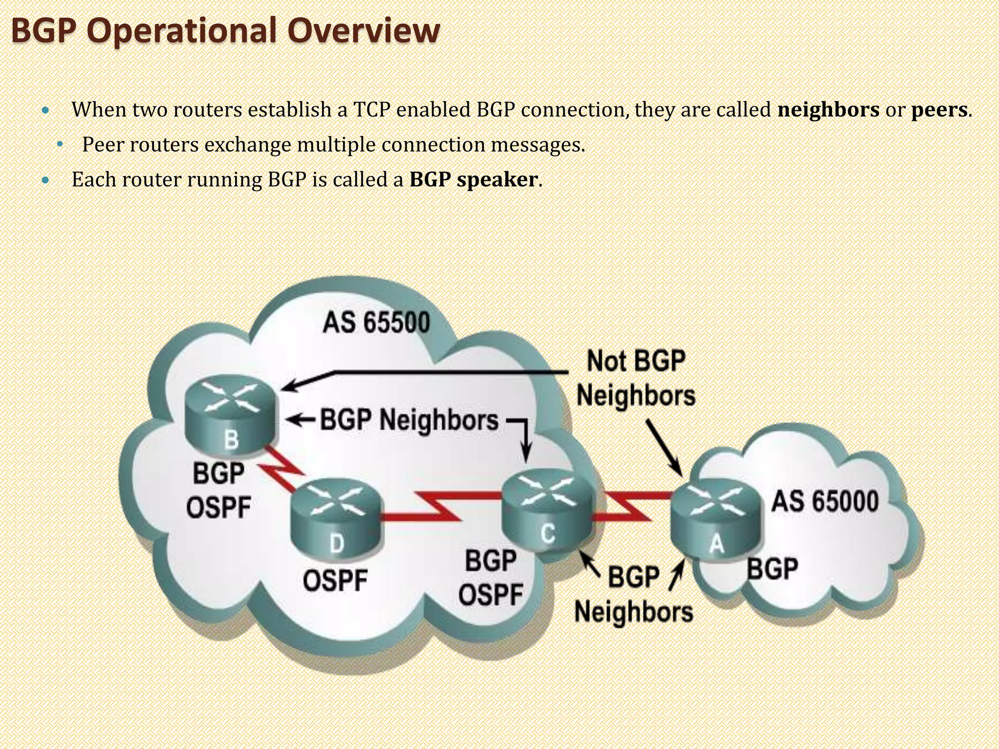 BGP Operational Overview
 When two routers establish a TCP enabled BGP connection, they are called neighbors or peers.
• Peer routers exchange multiple connection messages.
 Each router running BGP is called a BGP speaker.
 