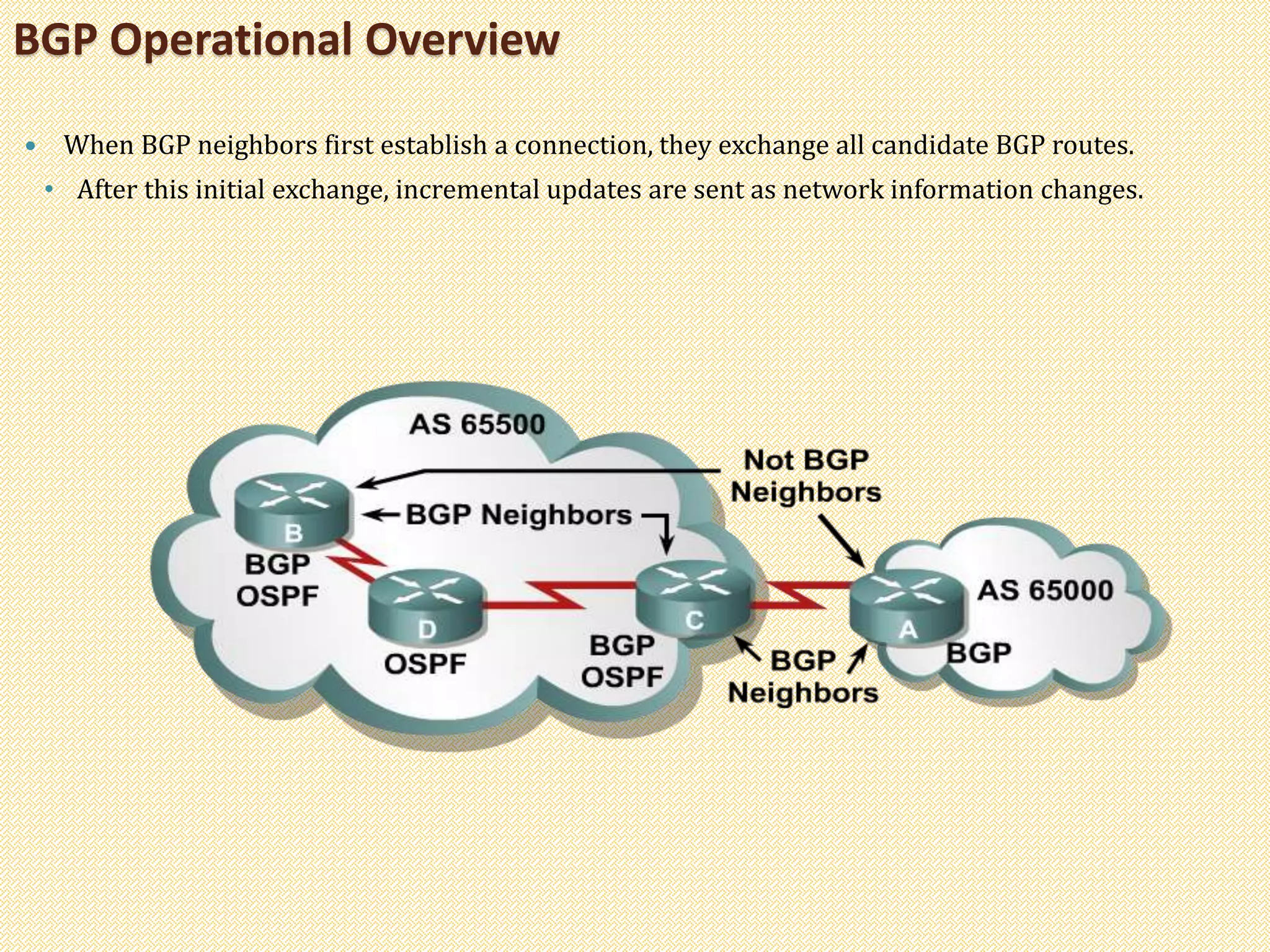 BGP Operational Overview
 When BGP neighbors first establish a connection, they exchange all candidate BGP routes.
• After this initial exchange, incremental updates are sent as network information changes.
 