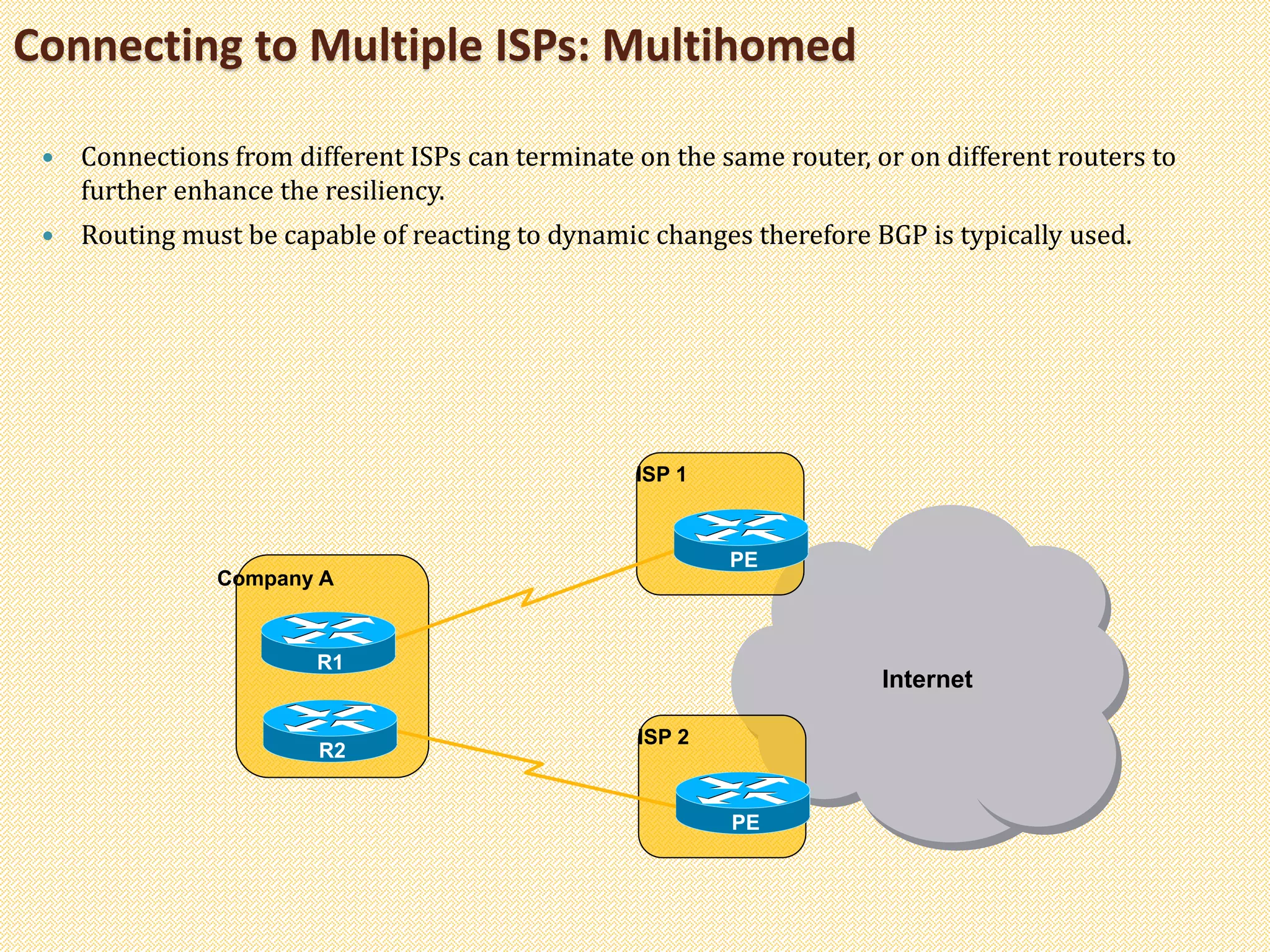 Connecting to Multiple ISPs: Multihomed
 Connections from different ISPs can terminate on the same router, or on different routers to
further enhance the resiliency.
 Routing must be capable of reacting to dynamic changes therefore BGP is typically used.
Company A
Internet
ISP 1
PE
R1
R2
ISP 2
PE
 