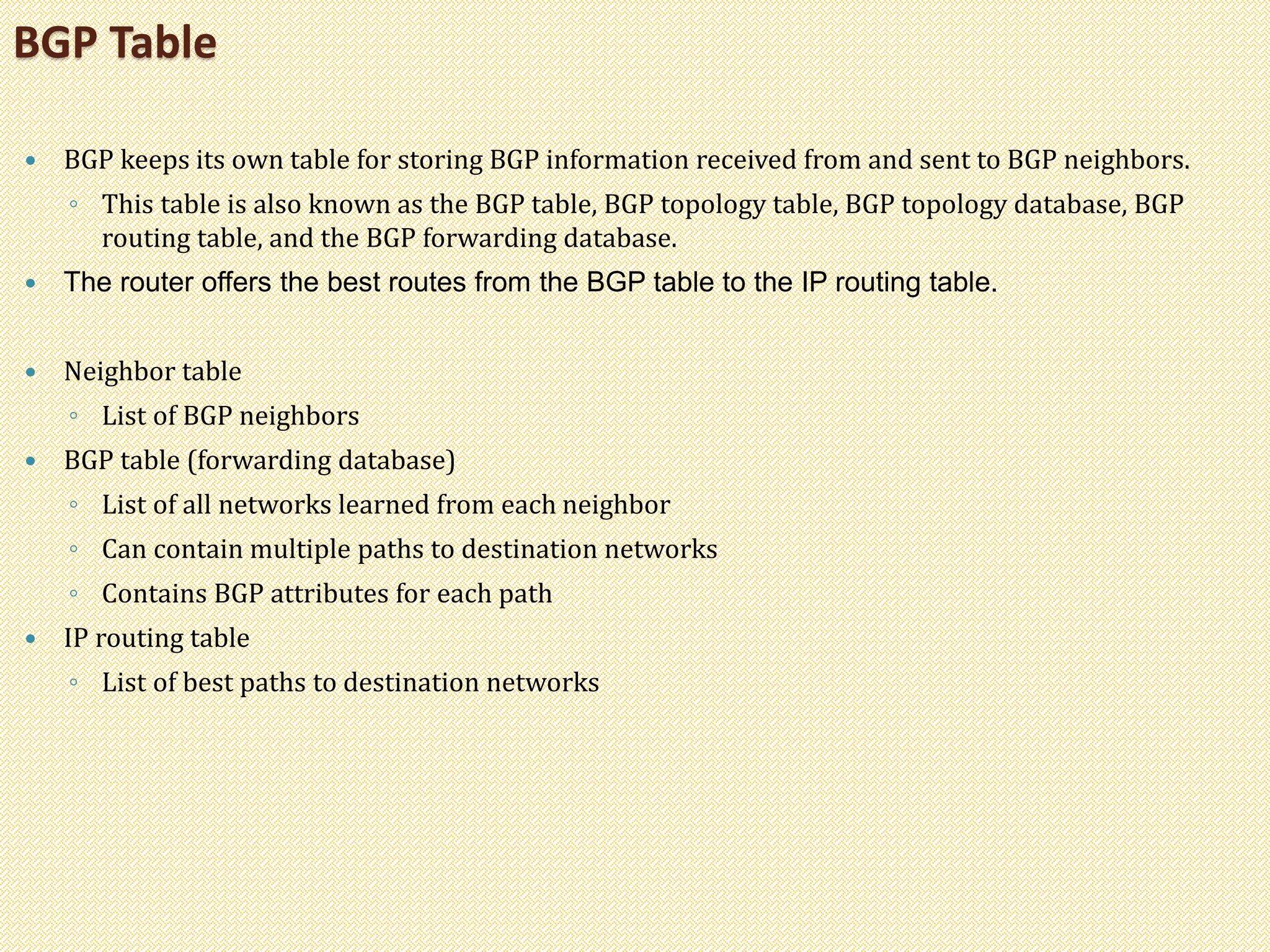  BGP keeps its own table for storing BGP information received from and sent to BGP neighbors.
◦ This table is also known as the BGP table, BGP topology table, BGP topology database, BGP
routing table, and the BGP forwarding database.
 The router offers the best routes from the BGP table to the IP routing table.
 Neighbor table
◦ List of BGP neighbors
 BGP table (forwarding database)
◦ List of all networks learned from each neighbor
◦ Can contain multiple paths to destination networks
◦ Contains BGP attributes for each path
 IP routing table
◦ List of best paths to destination networks
BGP Table
 