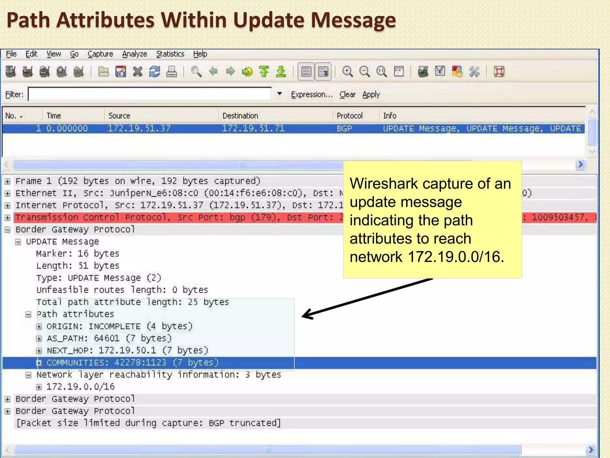 Path Attributes Within Update Message
Wireshark capture of an
update message
indicating the path
attributes to reach
network 172.19.0.0/16.
 