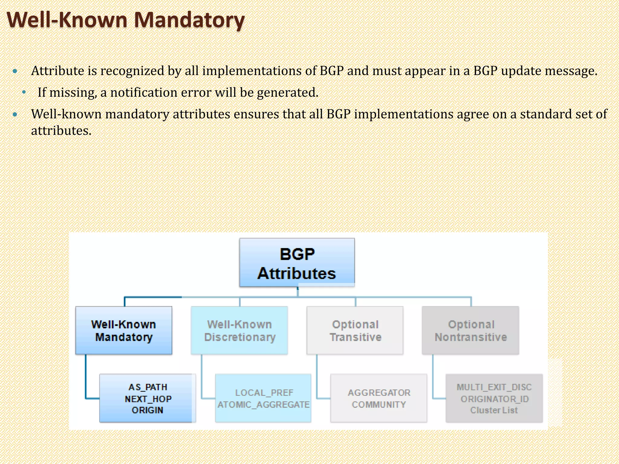 Well-Known Mandatory
 Attribute is recognized by all implementations of BGP and must appear in a BGP update message.
• If missing, a notification error will be generated.
 Well-known mandatory attributes ensures that all BGP implementations agree on a standard set of
attributes.
 