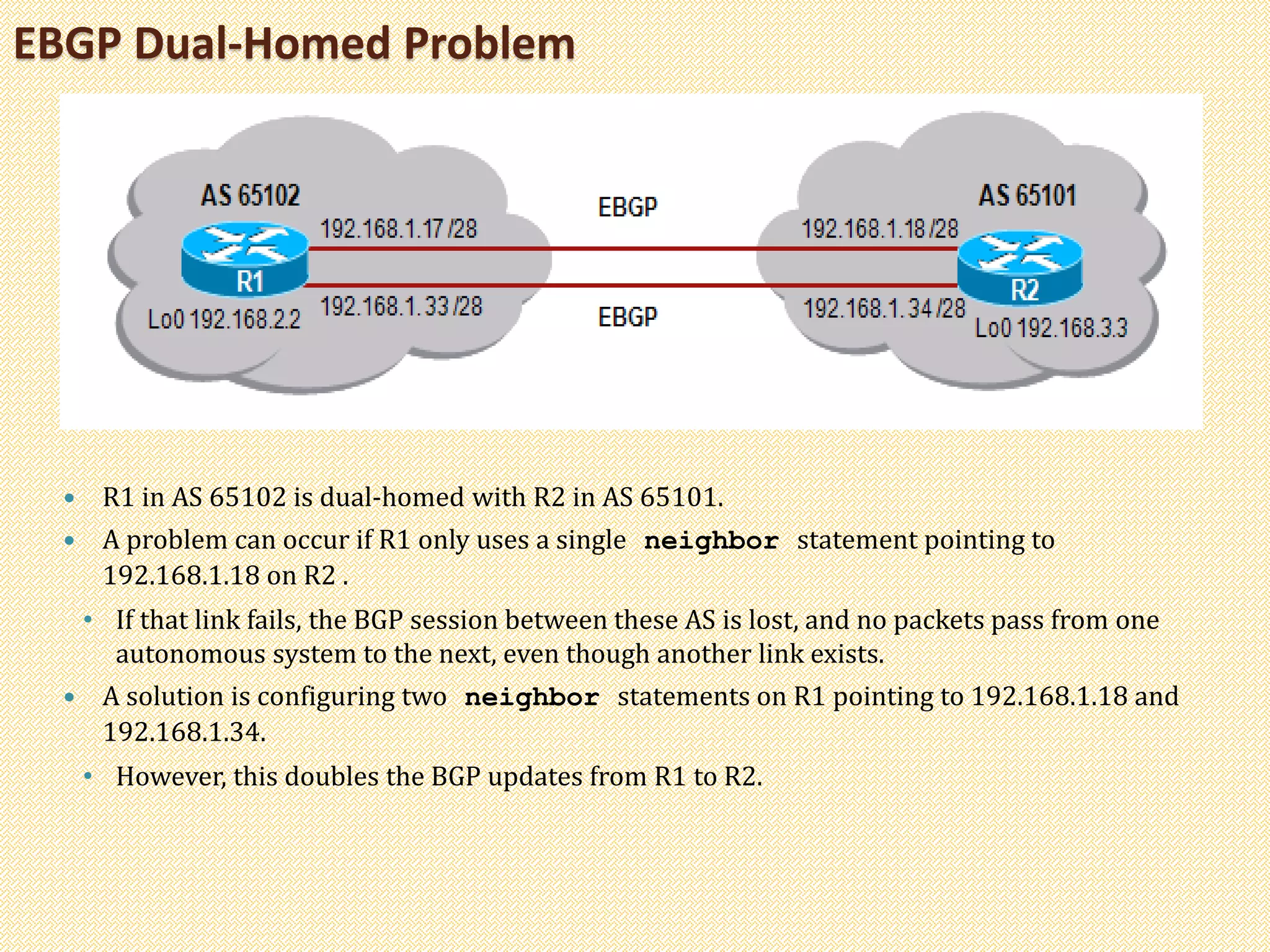 EBGP Dual-Homed Problem
 R1 in AS 65102 is dual-homed with R2 in AS 65101.
 A problem can occur if R1 only uses a single neighbor statement pointing to
192.168.1.18 on R2 .
• If that link fails, the BGP session between these AS is lost, and no packets pass from one
autonomous system to the next, even though another link exists.
 A solution is configuring two neighbor statements on R1 pointing to 192.168.1.18 and
192.168.1.34.
• However, this doubles the BGP updates from R1 to R2.
 