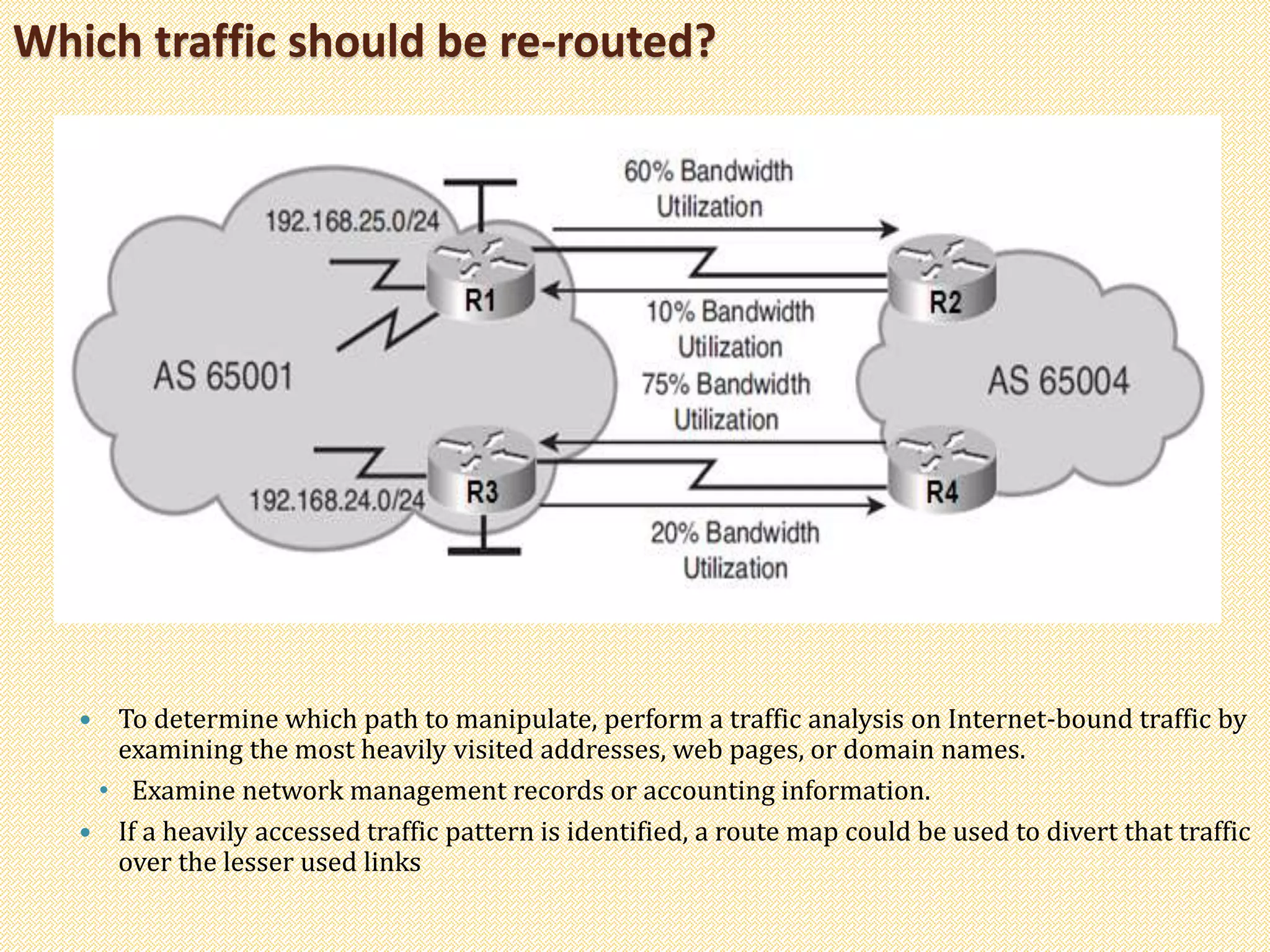 Which traffic should be re-routed?
 To determine which path to manipulate, perform a traffic analysis on Internet-bound traffic by
examining the most heavily visited addresses, web pages, or domain names.
• Examine network management records or accounting information.
 If a heavily accessed traffic pattern is identified, a route map could be used to divert that traffic
over the lesser used links
 