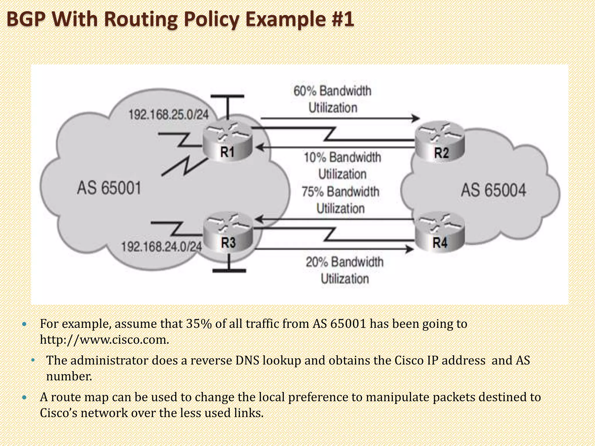 BGP With Routing Policy Example #1
 For example, assume that 35% of all traffic from AS 65001 has been going to
http://www.cisco.com.
• The administrator does a reverse DNS lookup and obtains the Cisco IP address and AS
number.
 A route map can be used to change the local preference to manipulate packets destined to
Cisco’s network over the less used links.
 