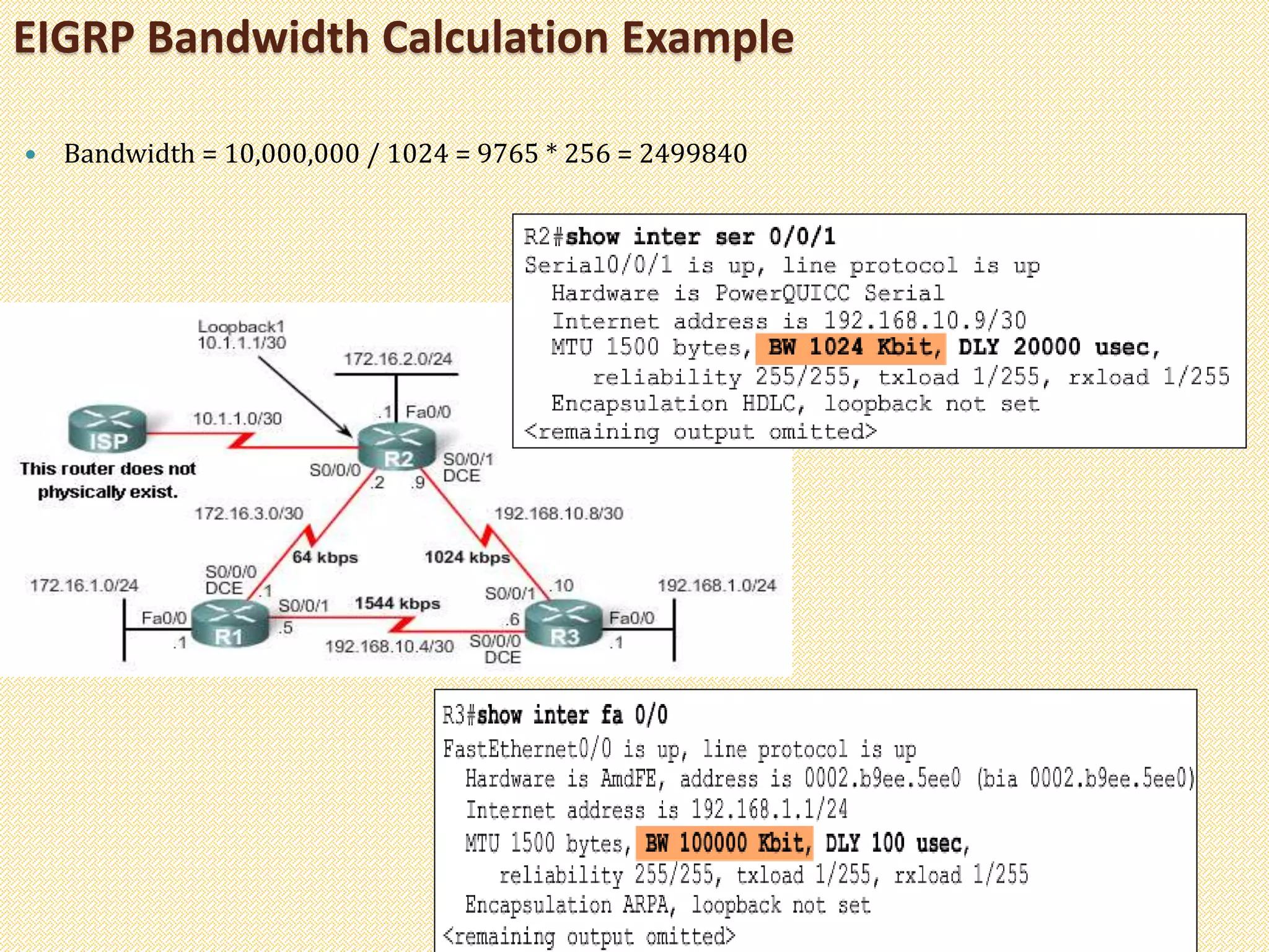  Bandwidth = 10,000,000 / 1024 = 9765 * 256 = 2499840
EIGRP Bandwidth Calculation Example
 