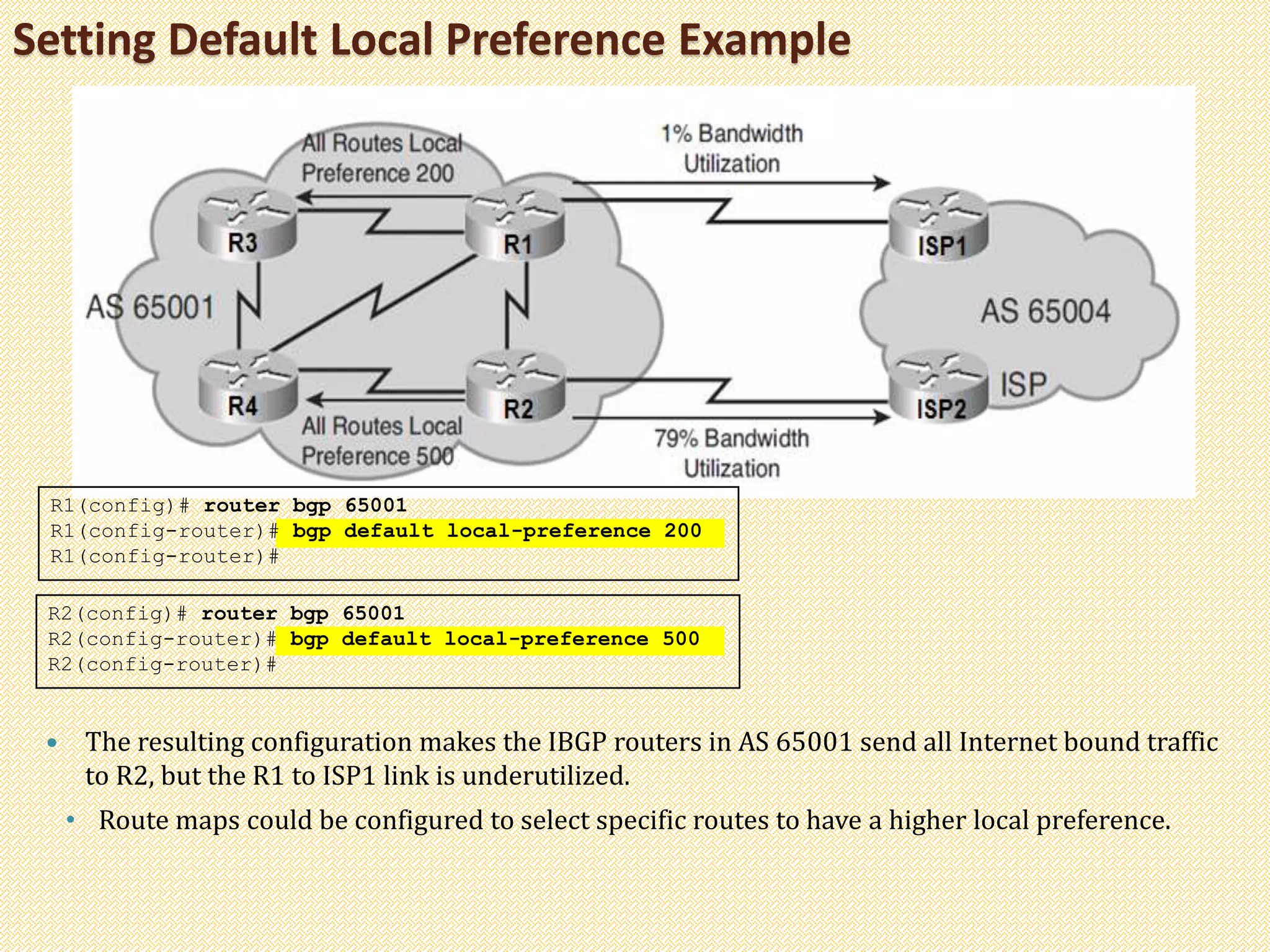 Setting Default Local Preference Example
 The resulting configuration makes the IBGP routers in AS 65001 send all Internet bound traffic
to R2, but the R1 to ISP1 link is underutilized.
• Route maps could be configured to select specific routes to have a higher local preference.
R2(config)# router bgp 65001
R2(config-router)# bgp default local-preference 500
R2(config-router)#
R1(config)# router bgp 65001
R1(config-router)# bgp default local-preference 200
R1(config-router)#
 