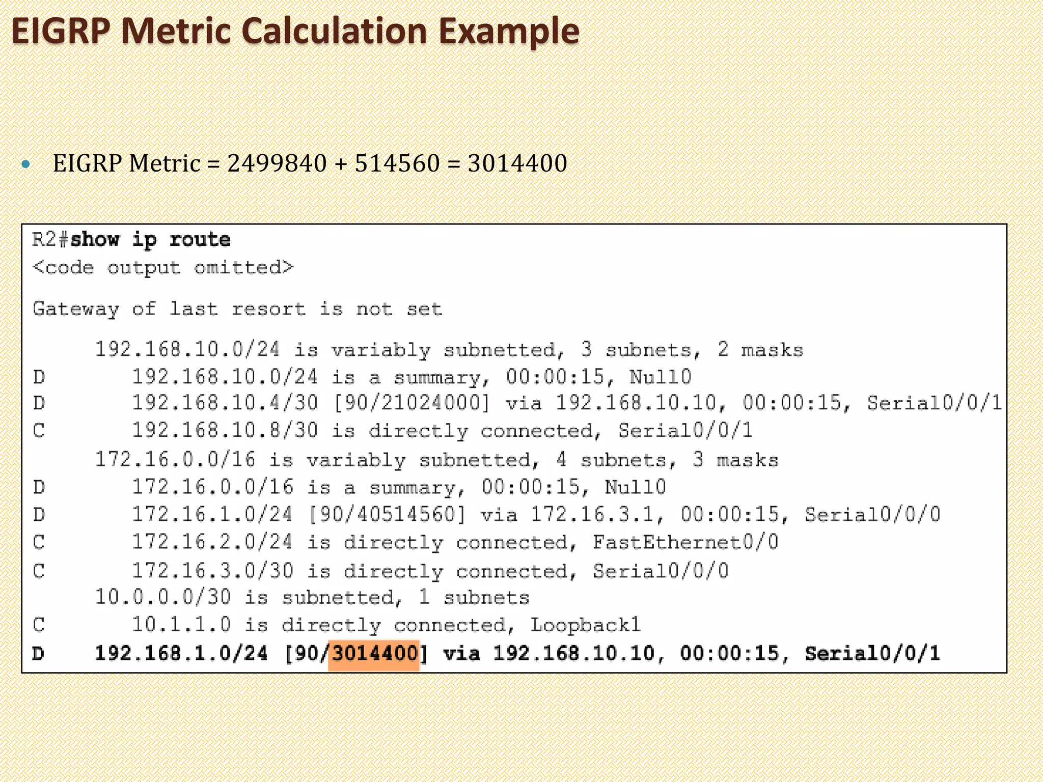  EIGRP Metric = 2499840 + 514560 = 3014400
EIGRP Metric Calculation Example
 