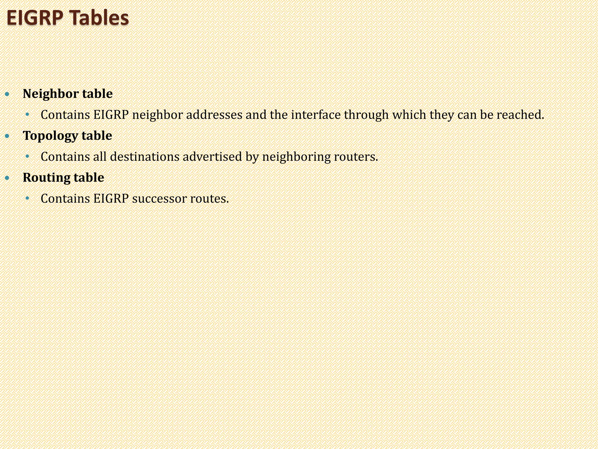  Neighbor table
• Contains EIGRP neighbor addresses and the interface through which they can be reached.
 Topology table
• Contains all destinations advertised by neighboring routers.
 Routing table
• Contains EIGRP successor routes.
EIGRP Tables
 