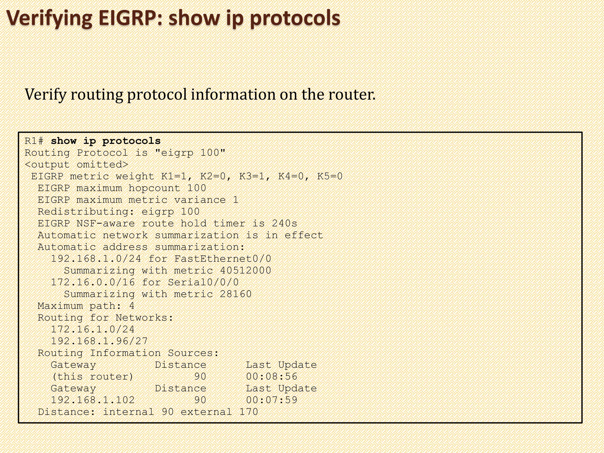 Verifying EIGRP: show ip protocols
R1# show ip protocols
Routing Protocol is "eigrp 100"
<output omitted>
EIGRP metric weight K1=1, K2=0, K3=1, K4=0, K5=0
EIGRP maximum hopcount 100
EIGRP maximum metric variance 1
Redistributing: eigrp 100
EIGRP NSF-aware route hold timer is 240s
Automatic network summarization is in effect
Automatic address summarization:
192.168.1.0/24 for FastEthernet0/0
Summarizing with metric 40512000
172.16.0.0/16 for Serial0/0/0
Summarizing with metric 28160
Maximum path: 4
Routing for Networks:
172.16.1.0/24
192.168.1.96/27
Routing Information Sources:
Gateway Distance Last Update
(this router) 90 00:08:56
Gateway Distance Last Update
192.168.1.102 90 00:07:59
Distance: internal 90 external 170
Verify routing protocol information on the router.
 