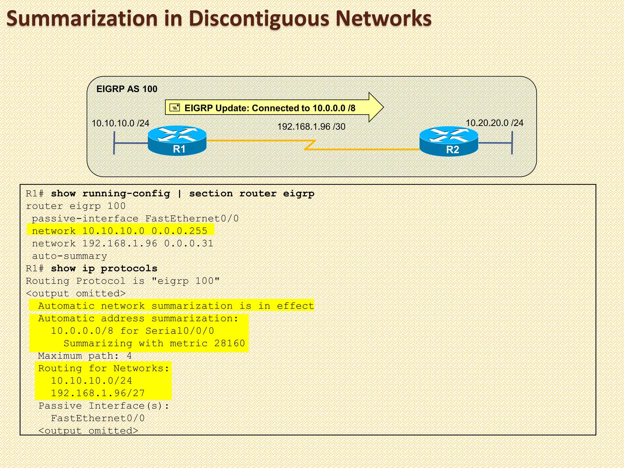 Summarization in Discontiguous Networks
R1 R2
10.10.10.0 /24
EIGRP AS 100
192.168.1.96 /30 10.20.20.0 /24
 EIGRP Update: Connected to 10.0.0.0 /8
R1# show running-config | section router eigrp
router eigrp 100
passive-interface FastEthernet0/0
network 10.10.10.0 0.0.0.255
network 192.168.1.96 0.0.0.31
auto-summary
R1# show ip protocols
Routing Protocol is "eigrp 100"
<output omitted>
Automatic network summarization is in effect
Automatic address summarization:
10.0.0.0/8 for Serial0/0/0
Summarizing with metric 28160
Maximum path: 4
Routing for Networks:
10.10.10.0/24
192.168.1.96/27
Passive Interface(s):
FastEthernet0/0
<output omitted>
 