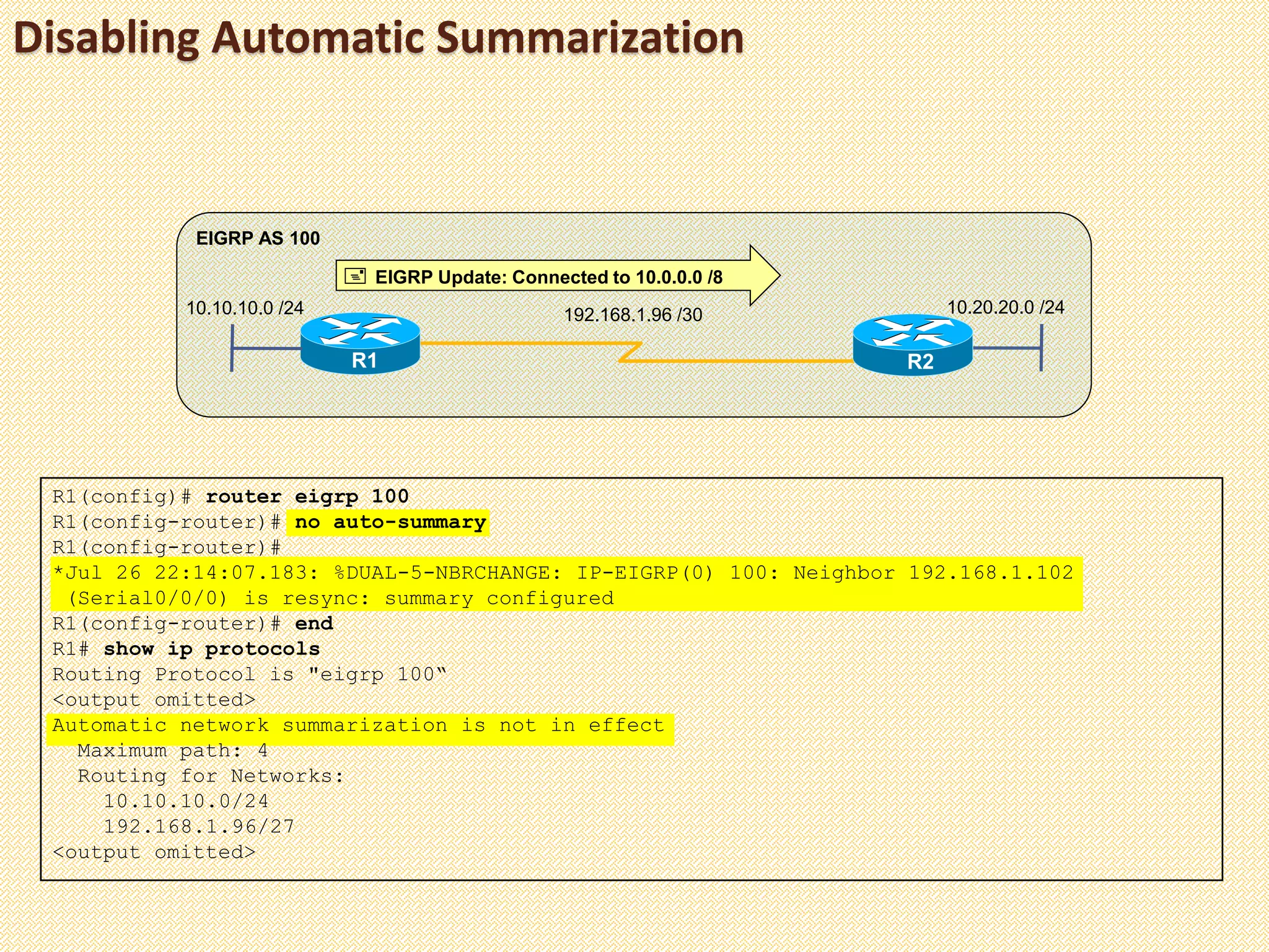 Disabling Automatic Summarization
R1 R2
10.10.10.0 /24
EIGRP AS 100
192.168.1.96 /30 10.20.20.0 /24
 EIGRP Update: Connected to 10.0.0.0 /8
R1(config)# router eigrp 100
R1(config-router)# no auto-summary
R1(config-router)#
*Jul 26 22:14:07.183: %DUAL-5-NBRCHANGE: IP-EIGRP(0) 100: Neighbor 192.168.1.102
(Serial0/0/0) is resync: summary configured
R1(config-router)# end
R1# show ip protocols
Routing Protocol is "eigrp 100“
<output omitted>
Automatic network summarization is not in effect
Maximum path: 4
Routing for Networks:
10.10.10.0/24
192.168.1.96/27
<output omitted>
 