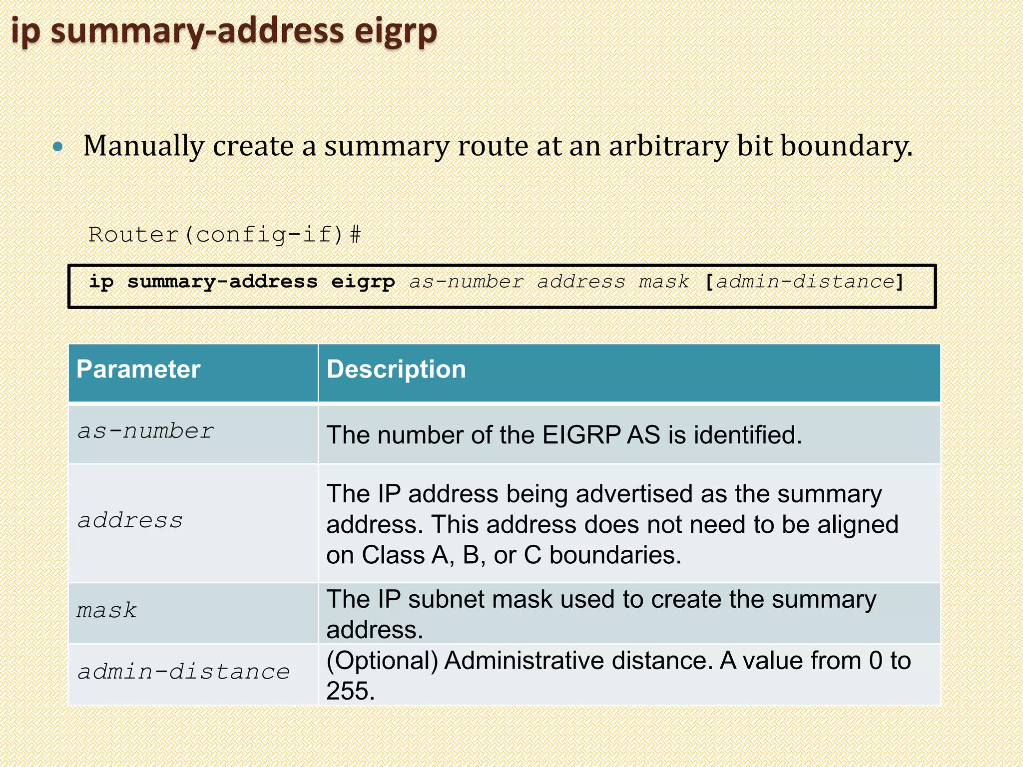 ip summary-address eigrp
 Manually create a summary route at an arbitrary bit boundary.
Router(config-if)#
ip summary-address eigrp as-number address mask [admin-distance]
Parameter Description
as-number The number of the EIGRP AS is identified.
address
The IP address being advertised as the summary
address. This address does not need to be aligned
on Class A, B, or C boundaries.
mask The IP subnet mask used to create the summary
address.
admin-distance (Optional) Administrative distance. A value from 0 to
255.
 