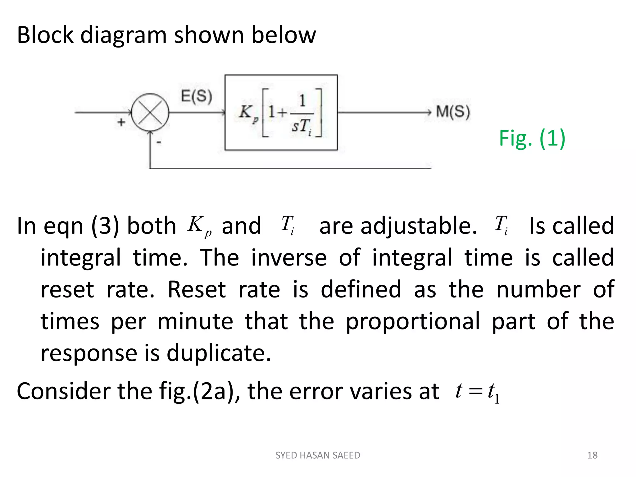 SYED HASAN SAEED 18
Block diagram shown below
In eqn (3) both and are adjustable. Is called
integral time. The inverse of integral time is called
reset rate. Reset rate is defined as the number of
times per minute that the proportional part of the
response is duplicate.
Consider the fig.(2a), the error varies at
pK iT iT
1tt 
Fig. (1)
 