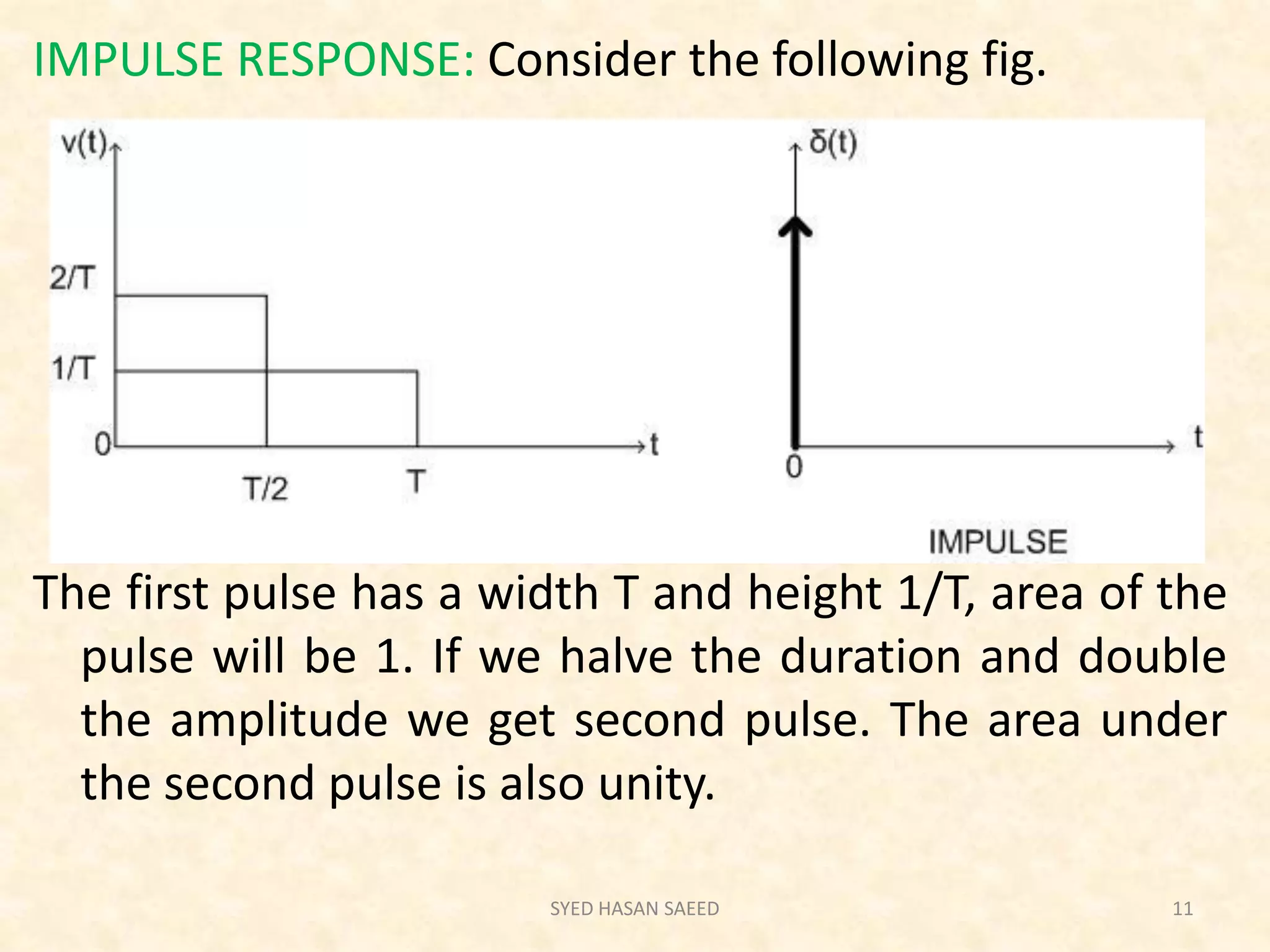 IMPULSE RESPONSE: Consider the following fig.
The first pulse has a width T and height 1/T, area of the
pulse will be 1. If we halve the duration and double
the amplitude we get second pulse. The area under
the second pulse is also unity.
SYED HASAN SAEED 11
 