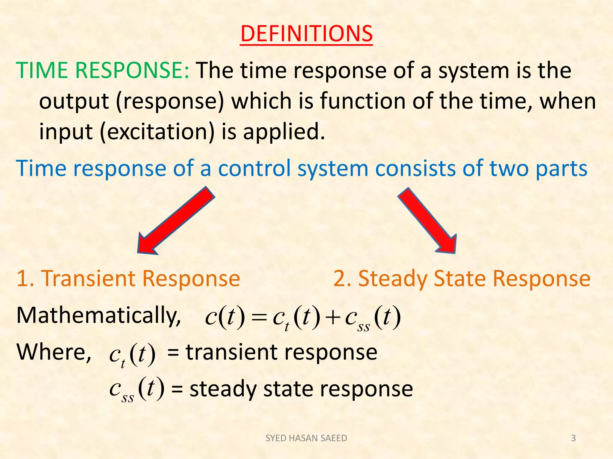 DEFINITIONS
TIME RESPONSE: The time response of a system is the
output (response) which is function of the time, when
input (excitation) is applied.
Time response of a control system consists of two parts
1. Transient Response 2. Steady State Response
Mathematically,
Where, = transient response
= steady state response
SYED HASAN SAEED 3
)()()( tctctc sst 
)(tct
)(tcss
 