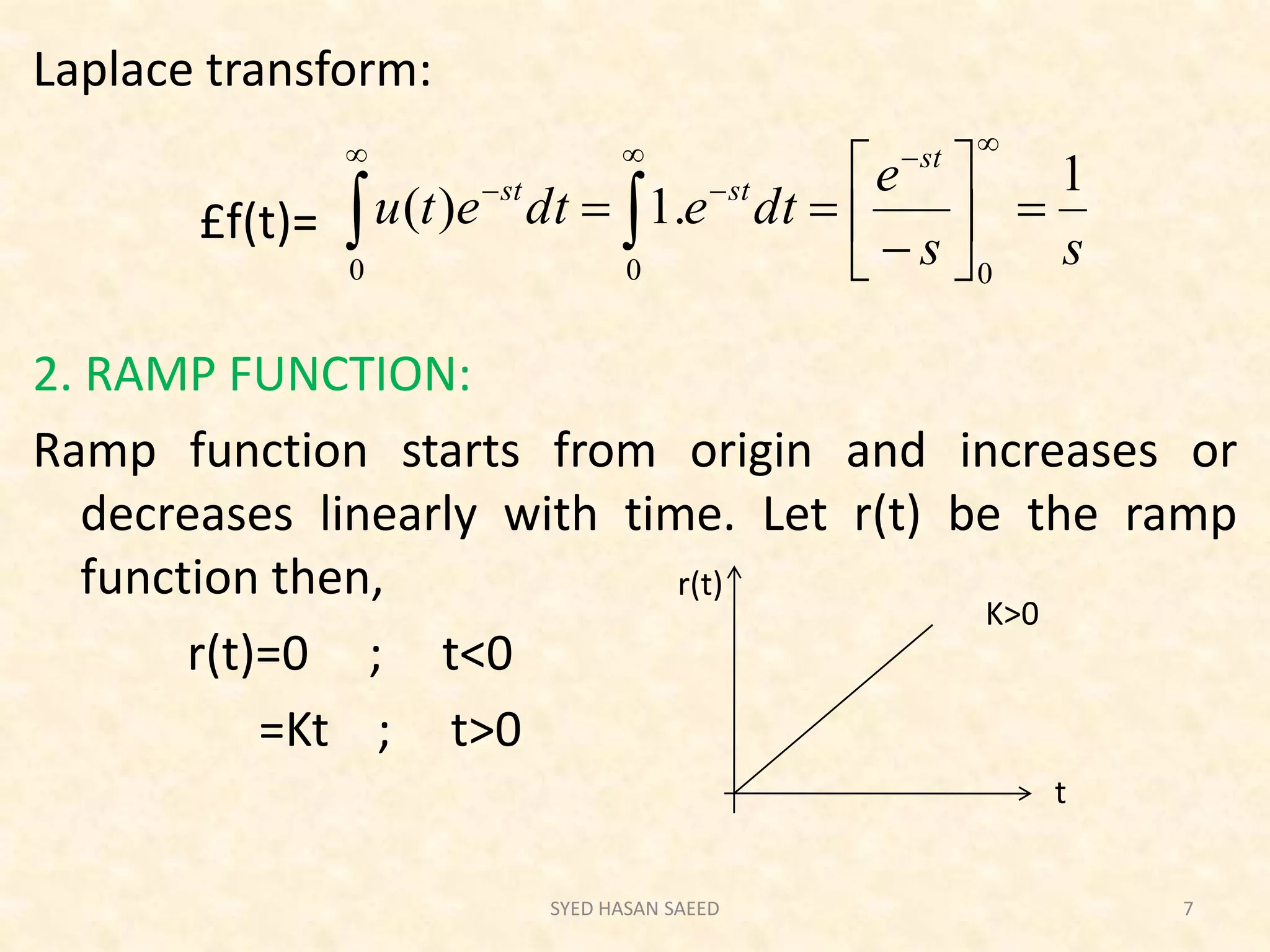 Laplace transform:
£f(t)=
2. RAMP FUNCTION:
Ramp function starts from origin and increases or
decreases linearly with time. Let r(t) be the ramp
function then,
r(t)=0 ; t<0
=Kt ; t>0
SYED HASAN SAEED 7
ss
e
dtedtetu
st
stst 1
.1)(
000













K>0
t
r(t)
 