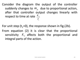Consider the diagram the output of the controller
suddenly changes to due to proportional action,
after that controller output changes linearly with
respect to time at rate
For unit step (t1=0), the response shown in fig.(2b).
From equation (2) it is clear that the proportional
sensitivity affects both the proportional and
integral parts of the action.
SYED HASAN SAEED 20
i
p
T
K
pm
pK
 