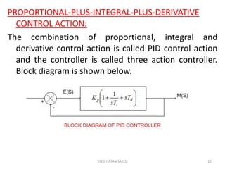PROPORTIONAL-PLUS-INTEGRAL-PLUS-DERIVATIVE
CONTROL ACTION:
The combination of proportional, integral and
derivative control action is called PID control action
and the controller is called three action controller.
Block diagram is shown below.
SYED HASAN SAEED 25
 