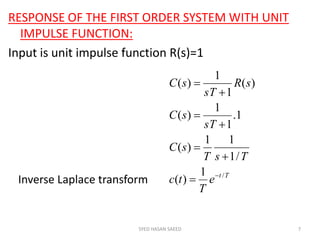 RESPONSE OF THE FIRST ORDER SYSTEM WITH UNIT
IMPULSE FUNCTION:
Input is unit impulse function R(s)=1
SYED HASAN SAEED 7
Tt
e
T
tc
TsT
sC
sT
sC
sR
sT
sC
/1
)(
/1
11
)(
1.
1
1
)(
)(
1
1
)(








Inverse Laplace transform
 