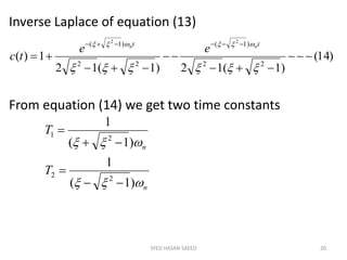 Inverse Laplace of equation (13)
From equation (14) we get two time constants
SYED HASAN SAEED 20
)14(
)1(12)1(12
1)(
22
)1(
22
)1( 22







 tt nn
ee
tc
n
n
T
T


)1(
1
)1(
1
22
21




 