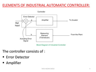 SYED HASAN SAEED 4
ELEMENTS OF INDUSTRIAL AUTOMATIC CONTROLLER:
The controller consists of :
 Error Detector
 Amplifier
 