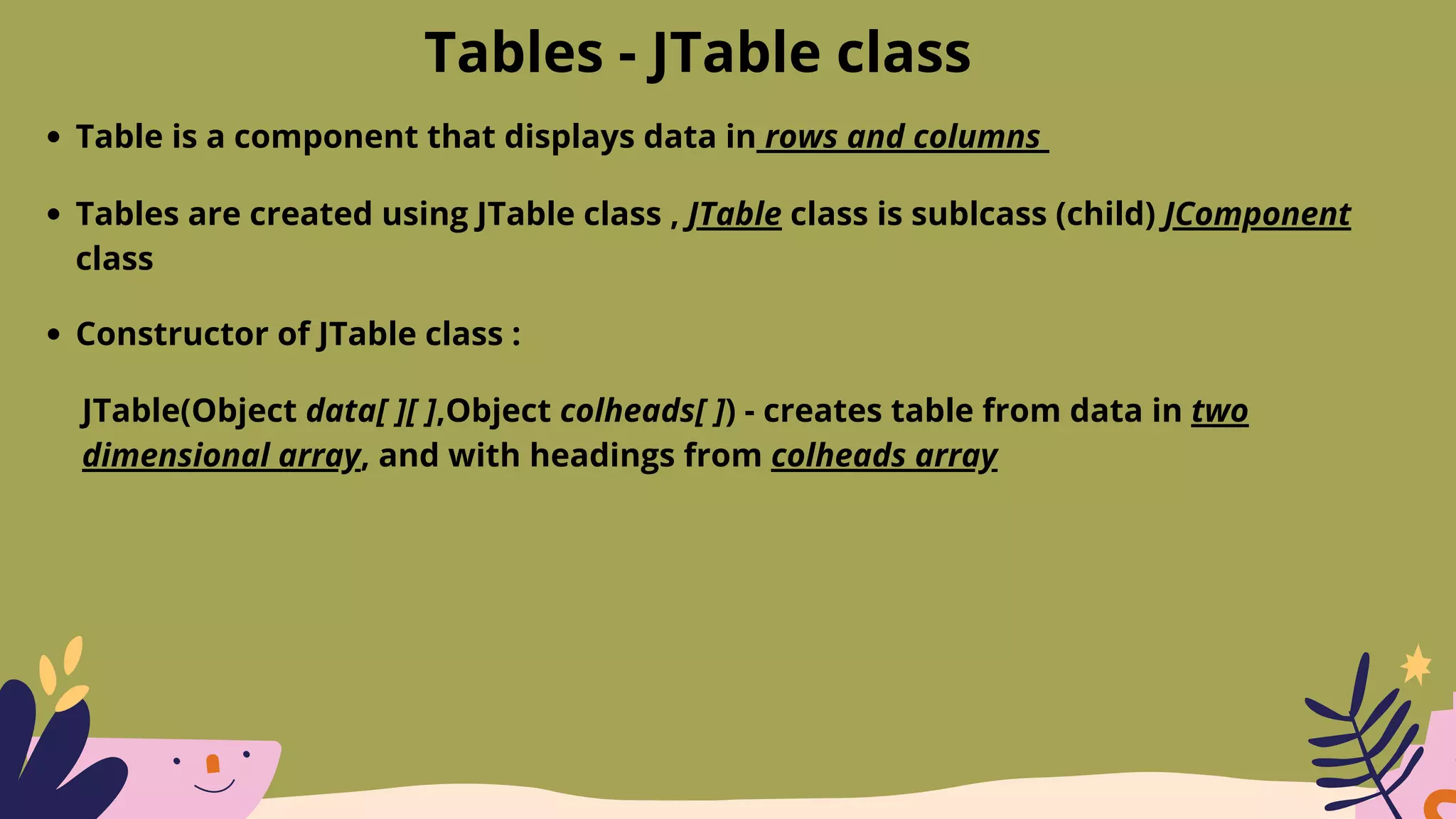 Tables - JTable class
Table is a component that displays data in rows and columns
Tables are created using JTable class , JTable class is sublcass (child) JComponent
class
Constructor of JTable class :
JTable(Object data[ ][ ],Object colheads[ ]) - creates table from data in two
dimensional array, and with headings from colheads array
 