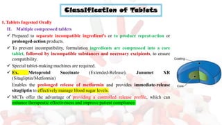 Classification of Tablets
1.Tablets Ingested Orally
II. Multiple compressed tablets
✓ Prepared to separate incompatible ingredient's or to produce repeat-action or
prolonged-action products.
✓ To prevent incompatibility, formulation ingredients are compressed into a core
tablet, followed by incompatible substances and necessary excipients, to ensure
compatibility.
✓ Special tablet-making machines are required.
✓ Ex. Metoprolol Succinate (Extended-Release), Janumet XR
(Sitagliptin/Metformin)
Enables the prolonged release of metformin and provides immediate-release
sitagliptin to effectively manage blood sugar levels.
✓ MCTs offer the advantage of providing a controlled release profile, which can
enhance therapeutic effectiveness and improve patient compliance.
 