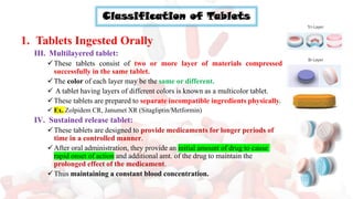 Classification of Tablets
1. Tablets Ingested Orally
III. Multilayered tablet:
✓These tablets consist of two or more layer of materials compressed
successfully in the same tablet.
✓The color of each layer may be the same or different.
✓ A tablet having layers of different colors is known as a multicolor tablet.
✓These tablets are prepared to separate incompatible ingredients physically.
✓ Ex. Zolpidem CR, Janumet XR (Sitagliptin/Metformin)
IV. Sustained release tablet:
✓These tablets are designed to provide medicaments for longer periods of
time in a controlled manner.
✓After oral administration, they provide an initial amount of drug to cause
rapid onset of action and additional amt. of the drug to maintain the
prolonged effect of the medicament.
✓Thus maintaining a constant blood concentration.
 