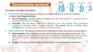Extrusion and Spheronisation:
1. Extrusion: The extrusion process involves converting a wet mass or paste into cylindrical
extrudates (rod-shaped particles).
1. Wet Granulation: a powder mixture containing the API and excipients is granulated with a
binding liquid to form a wet mass.
2. Extrusion: The wet mass is then forced through a die with circular holes, producing
cylindrical extrudates with a consistent diameter. The extruder can be of various types,
including screw extruders, piston extruders, or basket extruders.
2. Spheronisation: This process transforms the cylindrical extrudates into spherical pellets/Spheres.
3. Spheronisation: The cylindrical extrudates are placed on a rotating spheronisation plate. The
plate, usually grooved or textured, spins rapidly, causing the extrudates to collide with each other
and the plate’s surface. This friction and impact round off the edges, forming spherical
pellets.
4. Drying: The spherical pellets are then dried to achieve the desired hardness and stability.
 