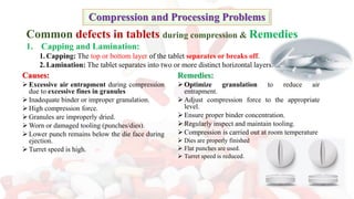 Compression and Processing Problems
Causes:
➢ Excessive air entrapment during compression
due to excessive fines in granules
➢ Inadequate binder or improper granulation.
➢ High compression force.
➢ Granules are improperly dried.
➢ Worn or damaged tooling (punches/dies).
➢ Lower punch remains below the die face during
ejection.
➢ Turret speed is high.
Remedies:
➢ Optimize granulation to reduce air
entrapment.
➢ Adjust compression force to the appropriate
level.
➢ Ensure proper binder concentration.
➢ Regularly inspect and maintain tooling.
➢ Compression is carried out at room temperature
➢ Dies are properly finished
➢ Flat punches are used.
➢ Turret speed is reduced.
Common defects in tablets during compression & Remedies
1. Capping and Lamination:
1. Capping: The top or bottom layer of the tablet separates or breaks off.
2. Lamination: The tablet separates into two or more distinct horizontal layers.
 