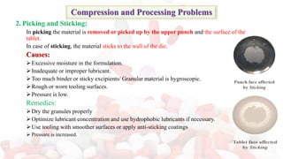 2. Picking and Sticking:
In picking the material is removed or picked up by the upper punch and the surface of the
tablet.
In case of sticking, the material sticks to the wall of the die.
Causes:
➢Excessive moisture in the formulation.
➢Inadequate or improper lubricant.
➢Too much binder or sticky excipients/ Granular material is hygroscopic.
➢Rough or worn tooling surfaces.
➢Pressure is low.
Remedies:
➢Dry the granules properly
➢Optimize lubricant concentration and use hydrophobic lubricants if necessary.
➢Use tooling with smoother surfaces or apply anti-sticking coatings
➢ Pressure is increased.
Compression and Processing Problems
 