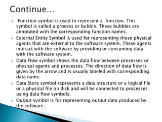  Function symbol is used to represent a function. This
symbol is called a process or bubble. These bubbles are
annotated with the corresponding function names.
 External Entity Symbol is used for representing those physical
agents that are external to the software system. These agents
interact with the software by providing or consuming data
with the software system.
 Data Flow symbol shows the data flow between processes or
physical agents and processes. The direction of data flow is
given by the arrow and is usually labeled with corresponding
data name.
 Data Store symbol represents a data structure or a logical file
or a physical file on disk and will be connected to processes
using data flow symbols.
 Output symbol is for representing output data produced by
the software.
 